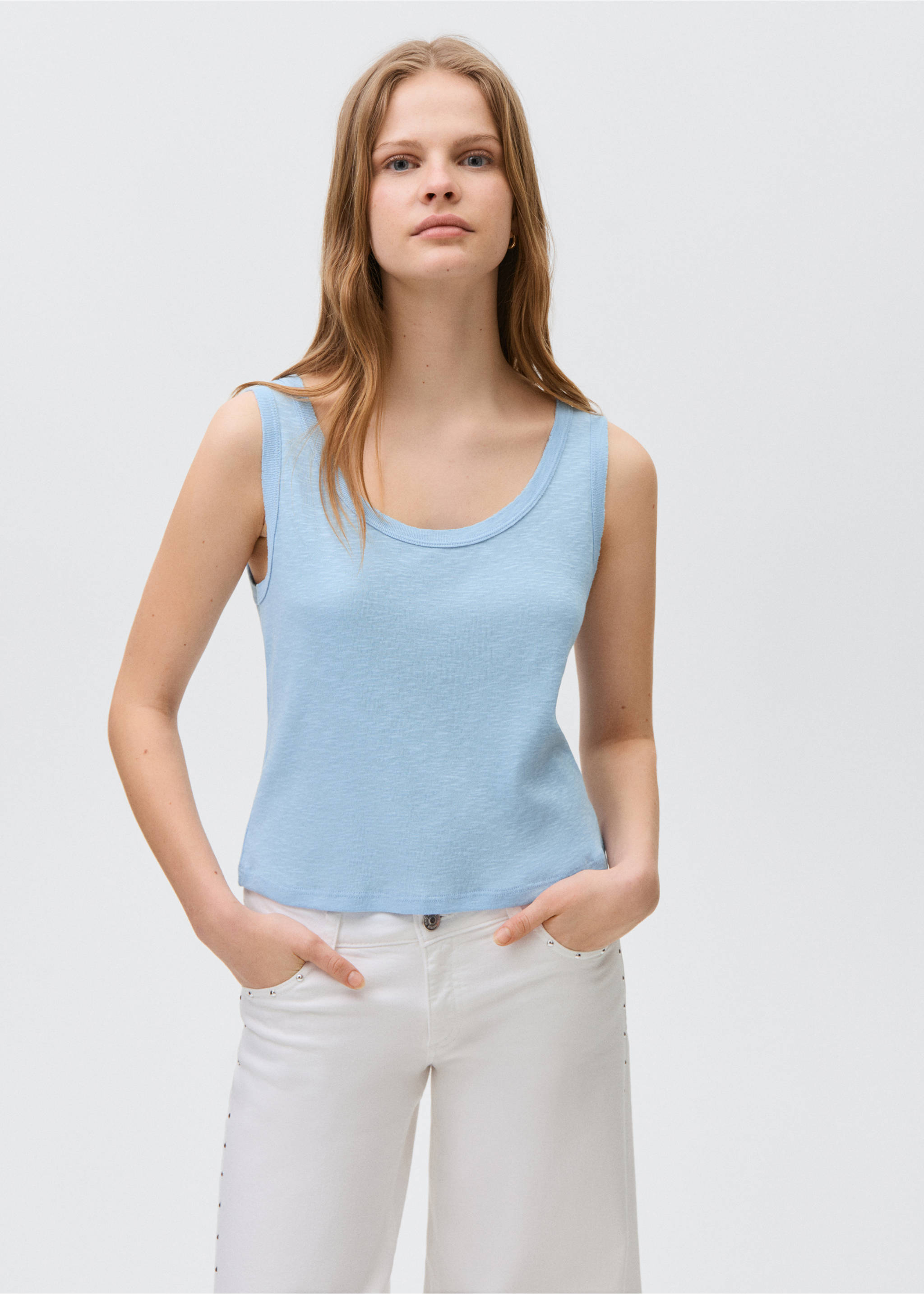 Ärmelloses Baumwoll-T-Shirt - Mittlere Ansicht, Himmelblau. Ref: 87017687-00.