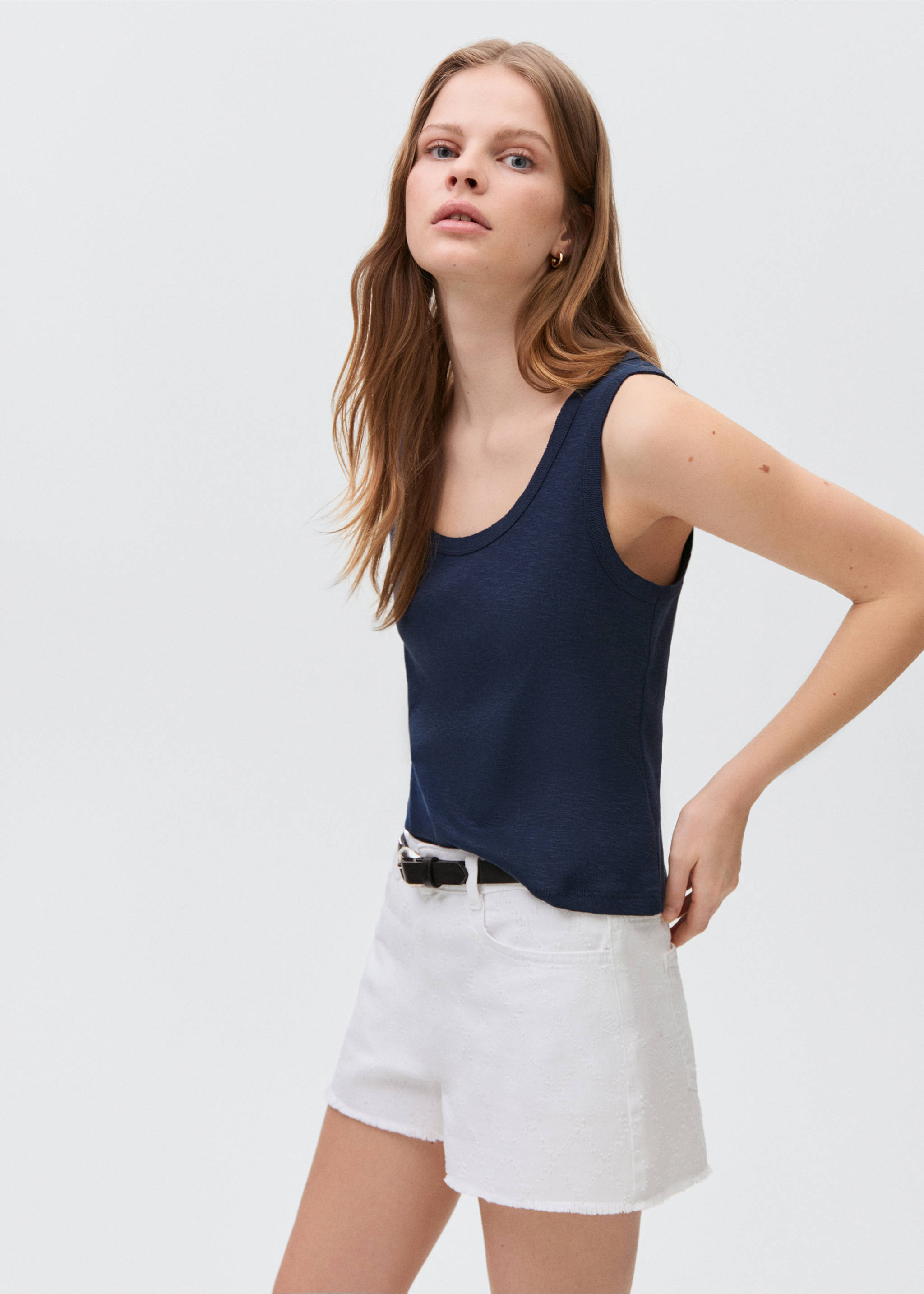 T-shirt sans manches coton - Plan moyen, Bleu marine. Ref: 87017687-00.