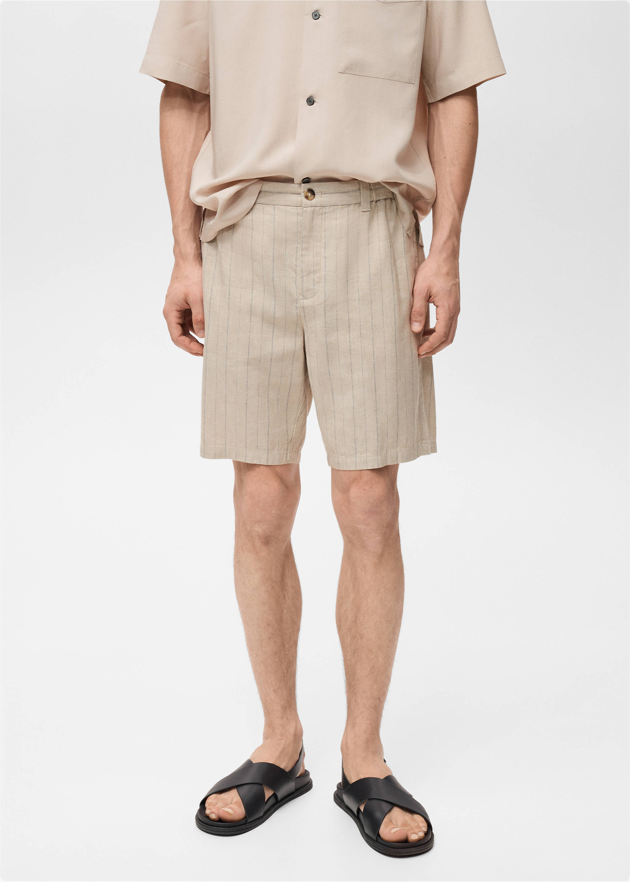 Bermuda lin à rayures - Plan moyen, Sable. Ref: 87017889-00.
