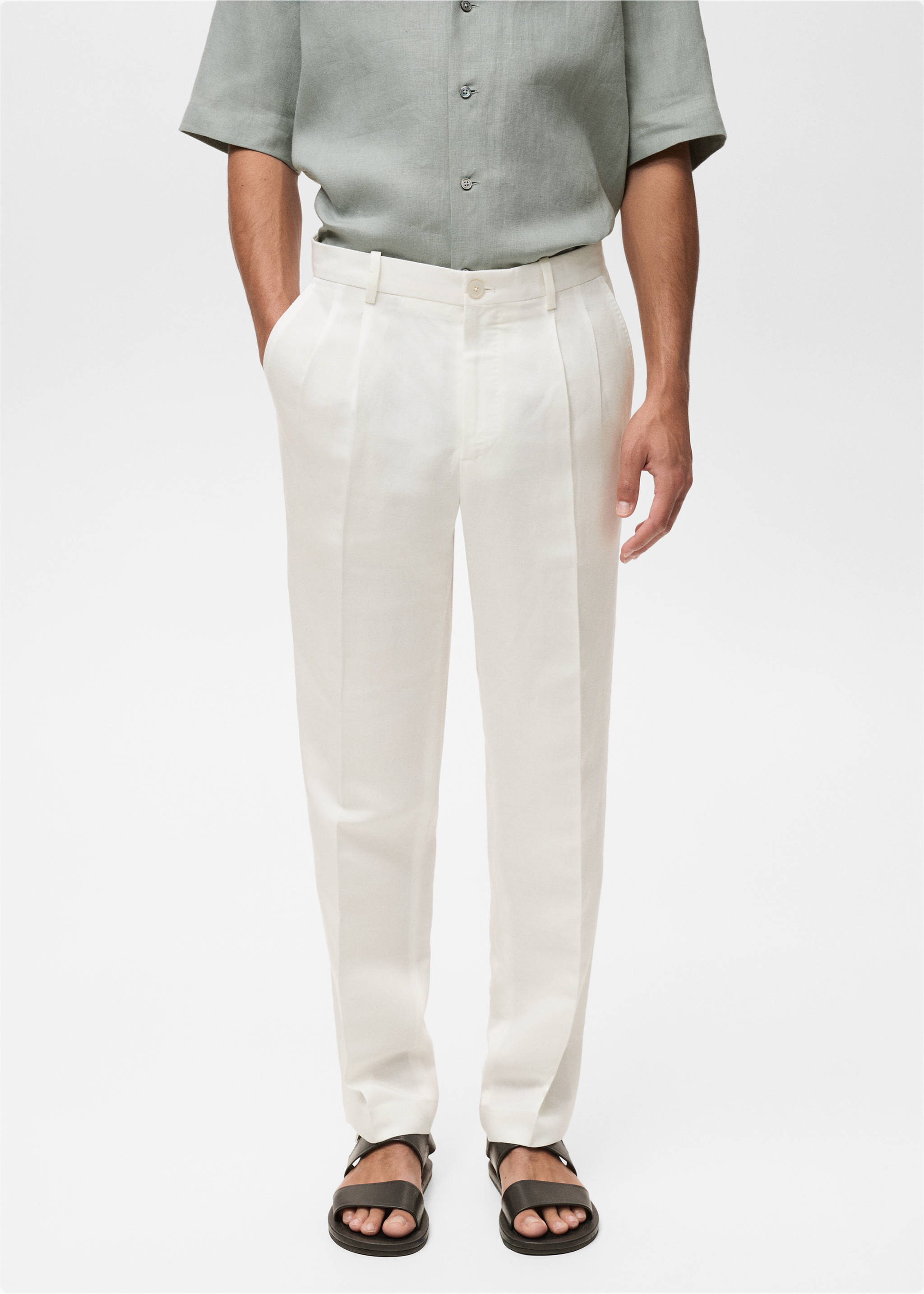 Linen-blend pleated trousers - Medium plane, Off White. Ref: 87017895-00.