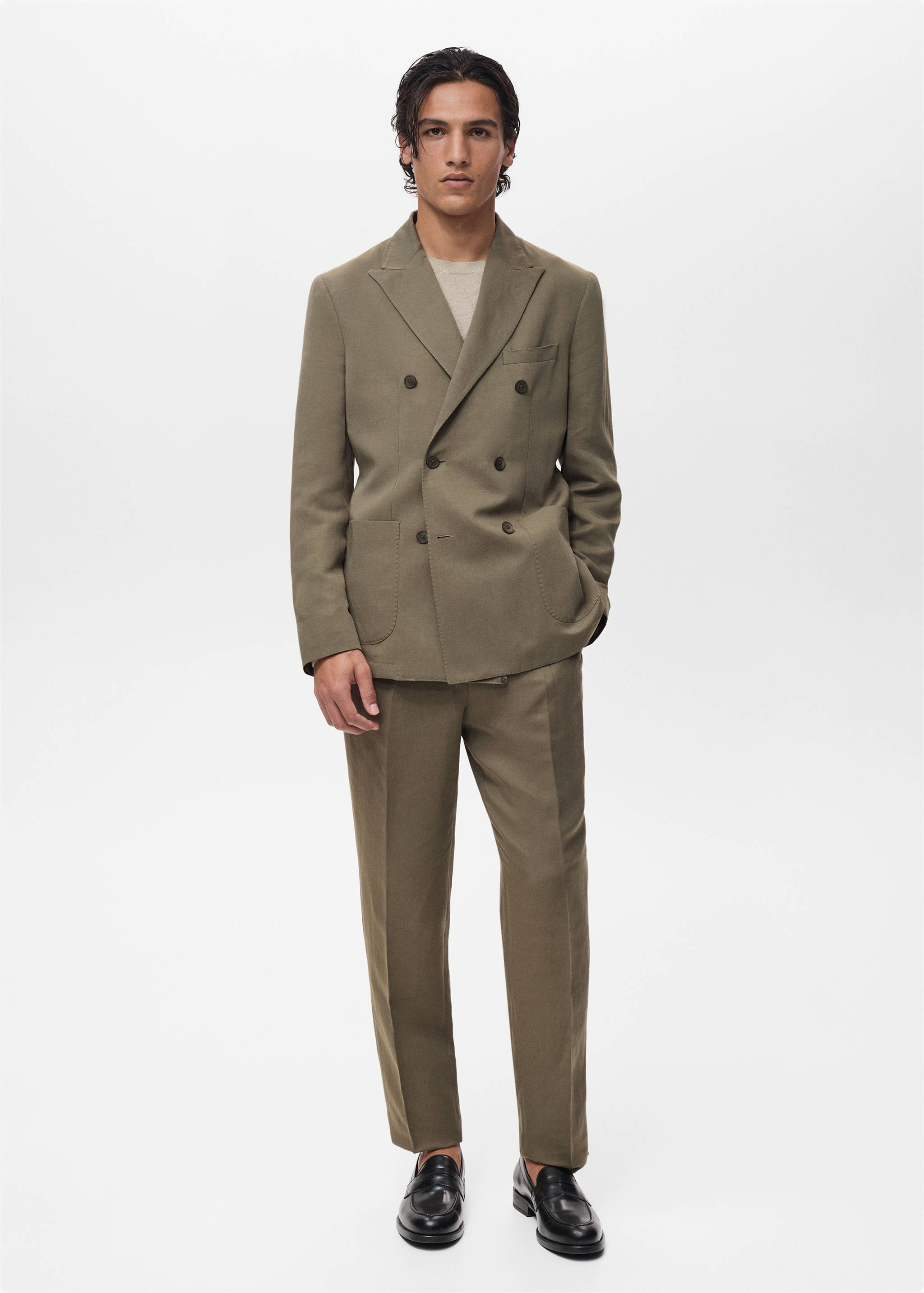 Slim-fit linen-blend pleated trousers - General plane