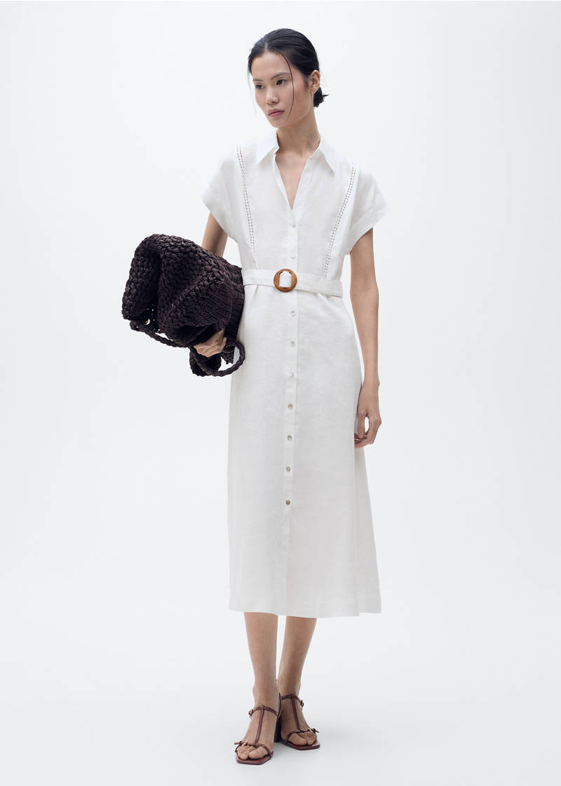 Belt linen dress - White