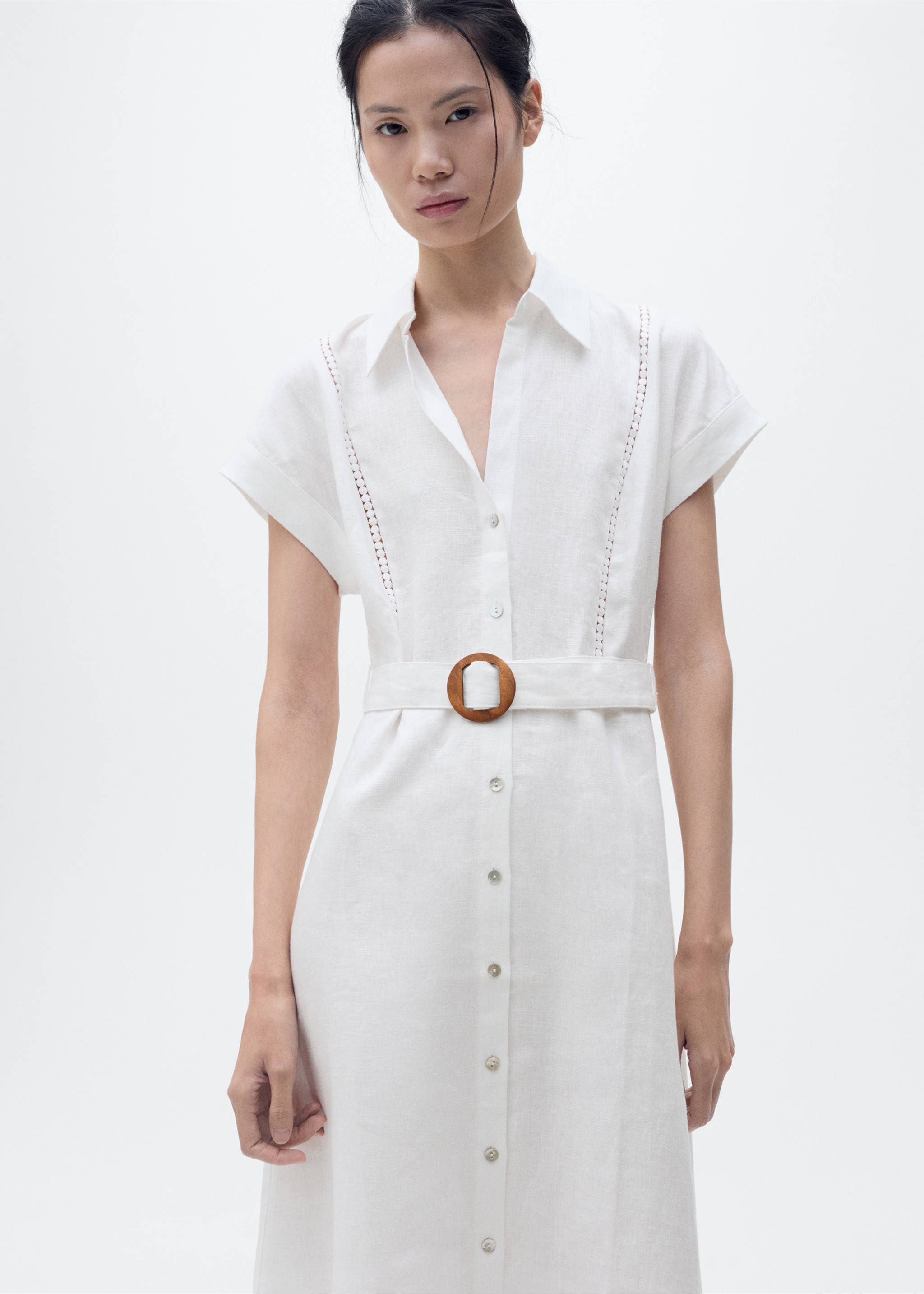 Belt linen dress - Medium plane, White. Ref: 87018644-00.