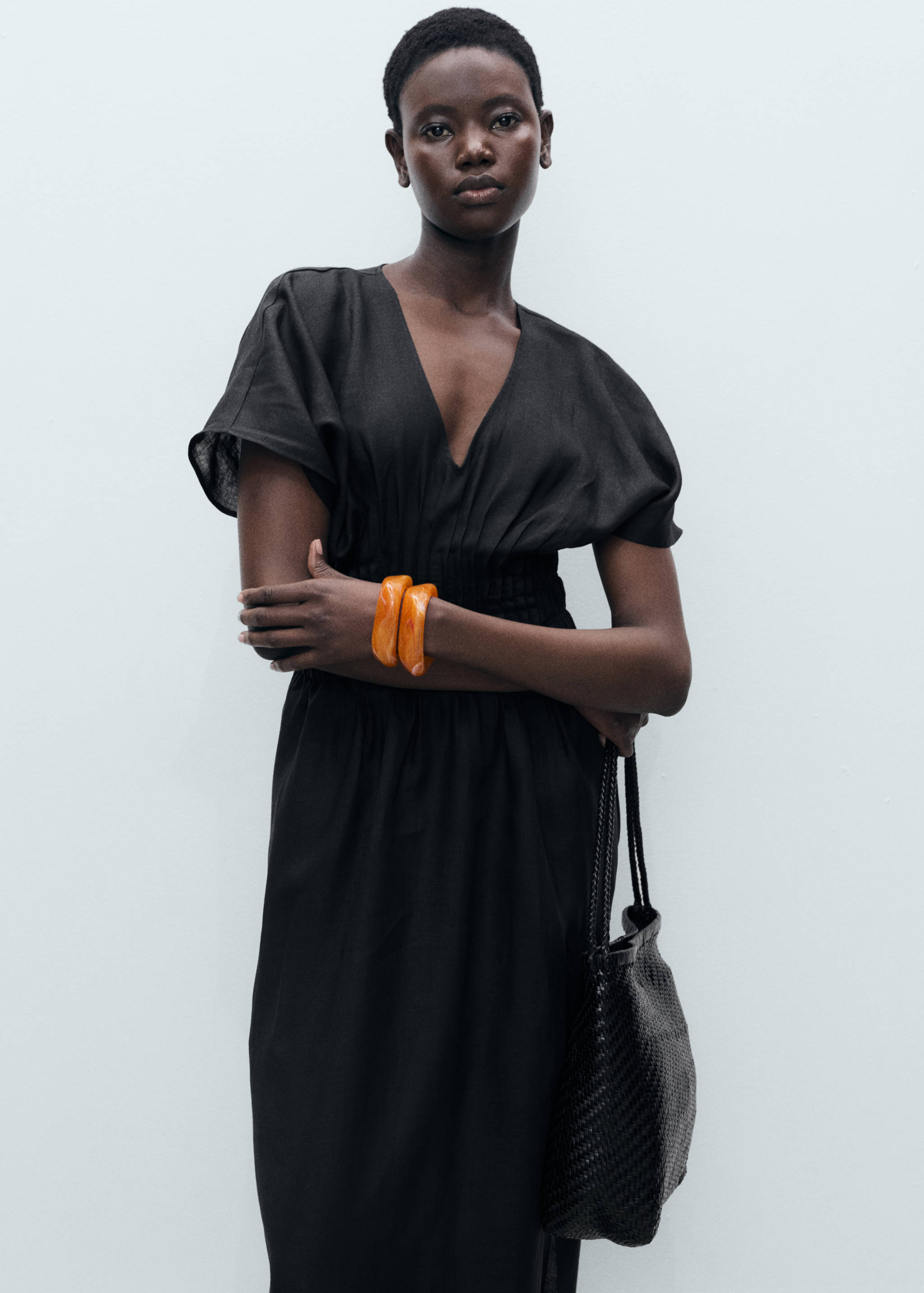 Vestido largo lino panel fruncido - Plano medio