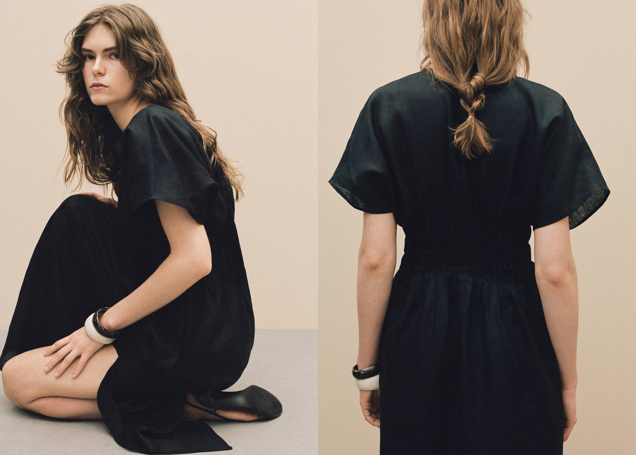 Long linen dress with gathered panel - Panoramic plane