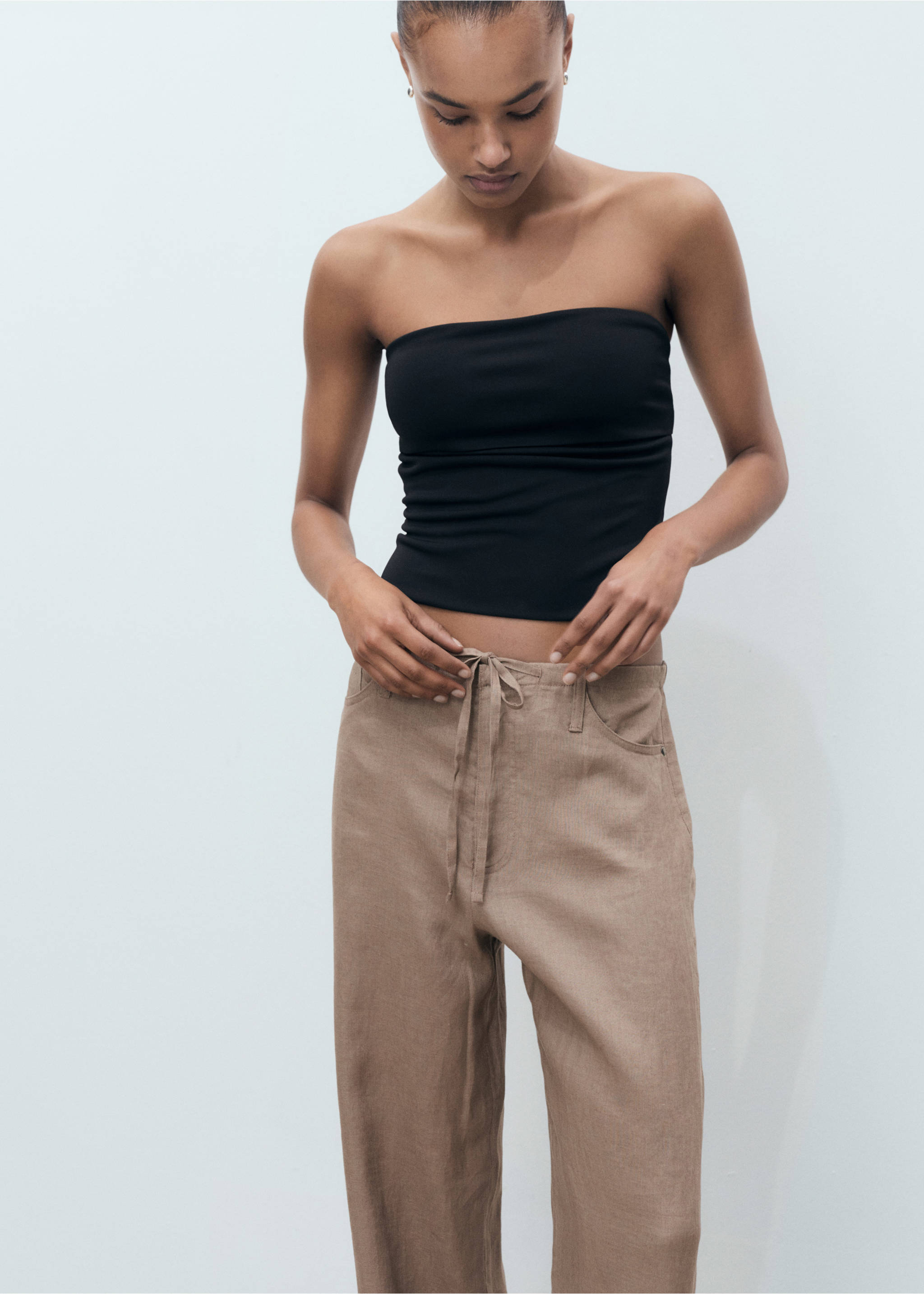 Wide leg linen trousers - Details of the article 1, Medium Brown. Ref: 87019064-00.