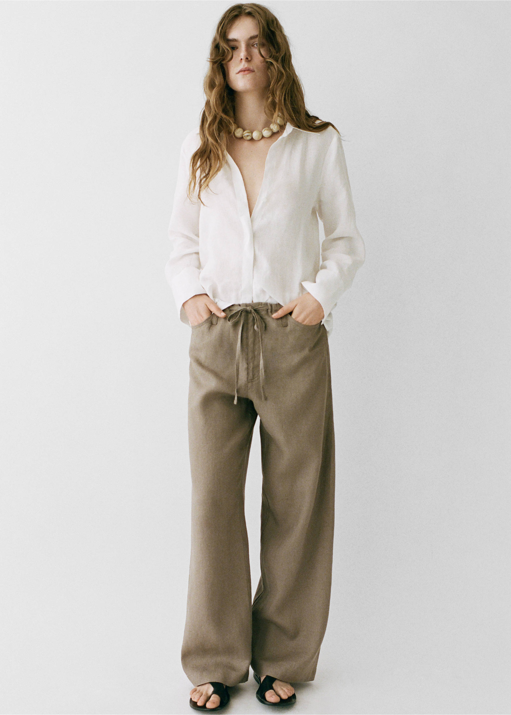 Wide leg linen trousers - Details of the article 7, Medium Brown. Ref: 87019064-00.