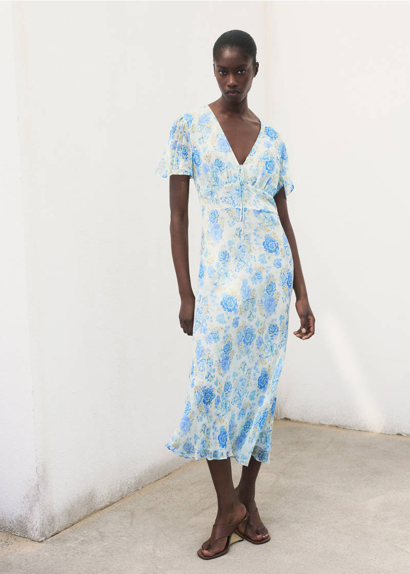 Short-sleeved floral midi dress - Blue
