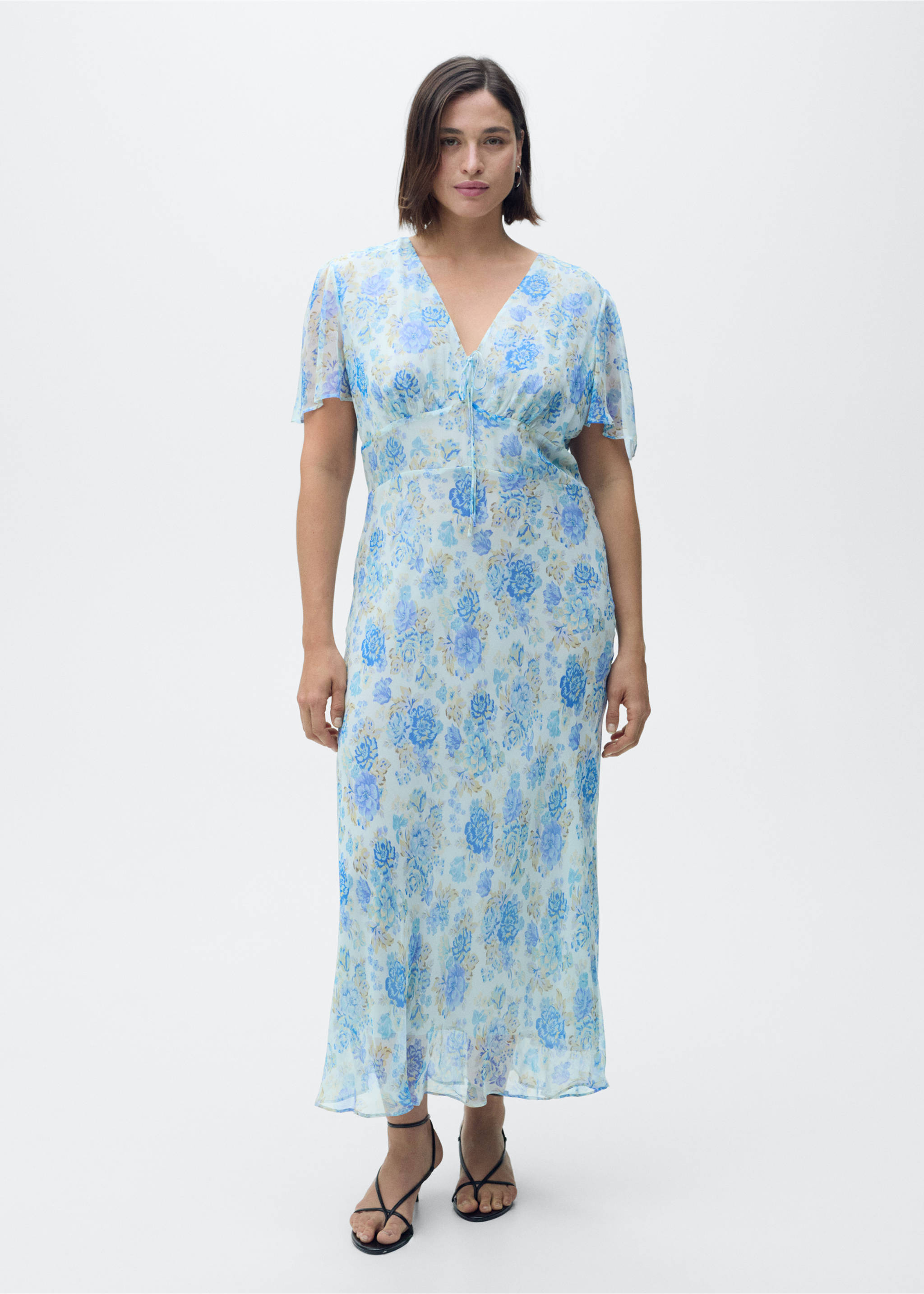 Vestido midi floral manga corta - Detalle del artículo 3, Azul. Ref: 87019068-00.