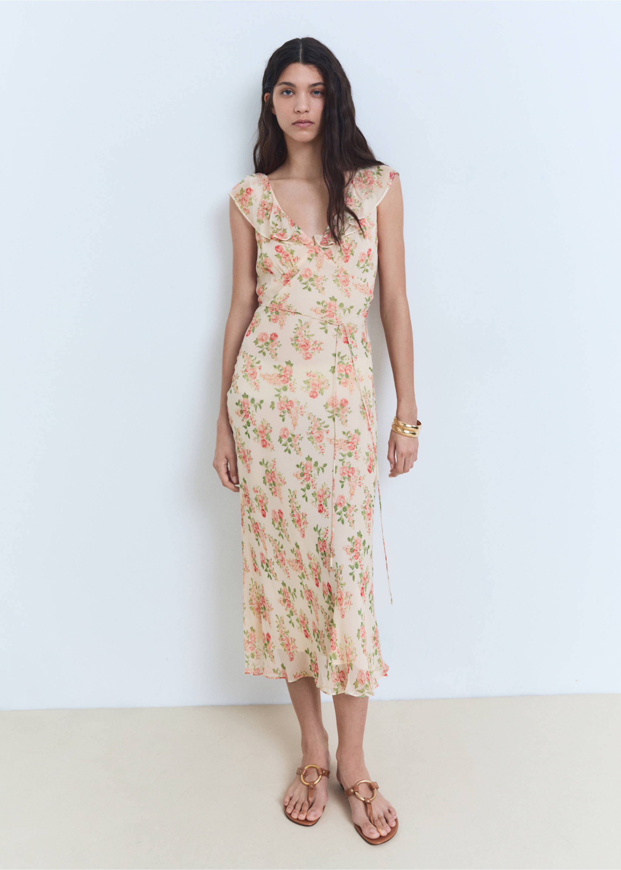 Florales Midikleid mit Schleife - Allgemeine Ansicht, Ecru. Ref: 87019069-00.