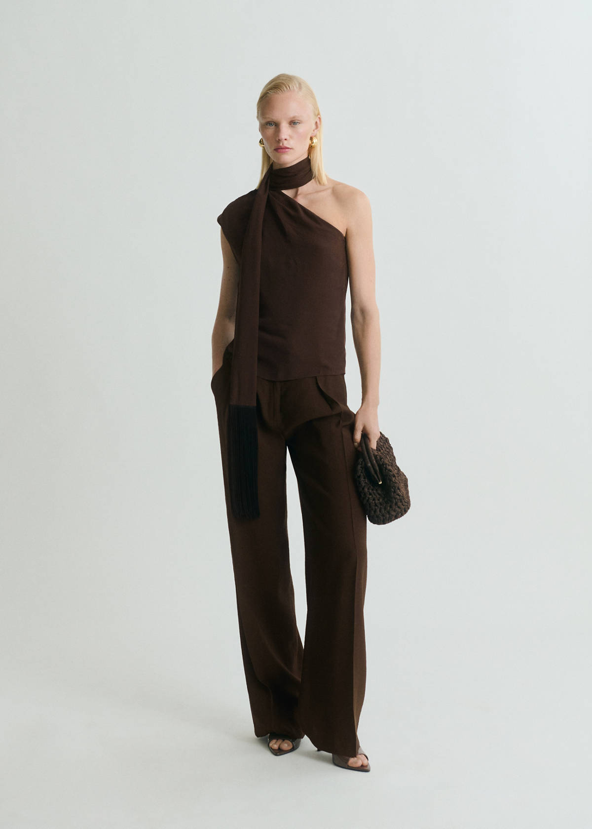 Asymmetrical scarf blouse with fringe detail