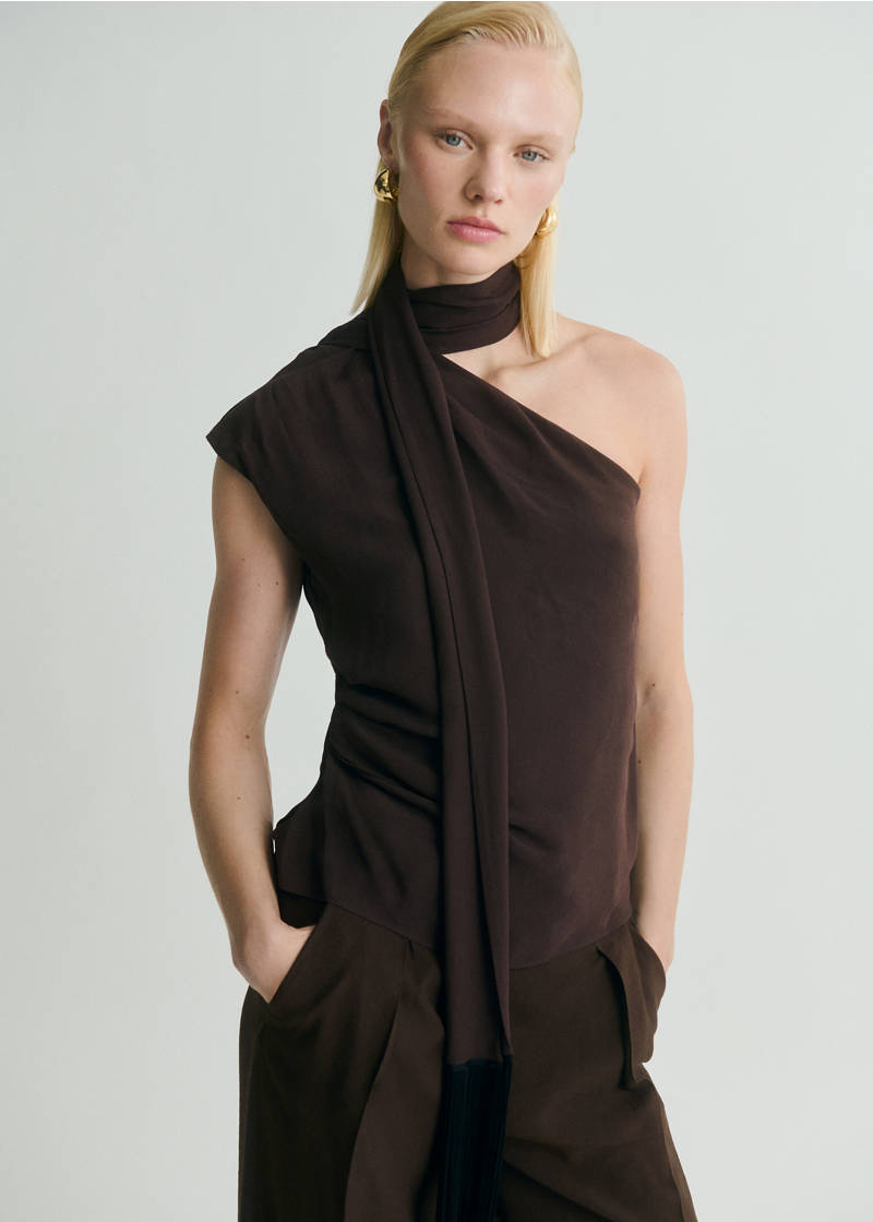 Asymmetrical scarf blouse with fringe detail - Brown