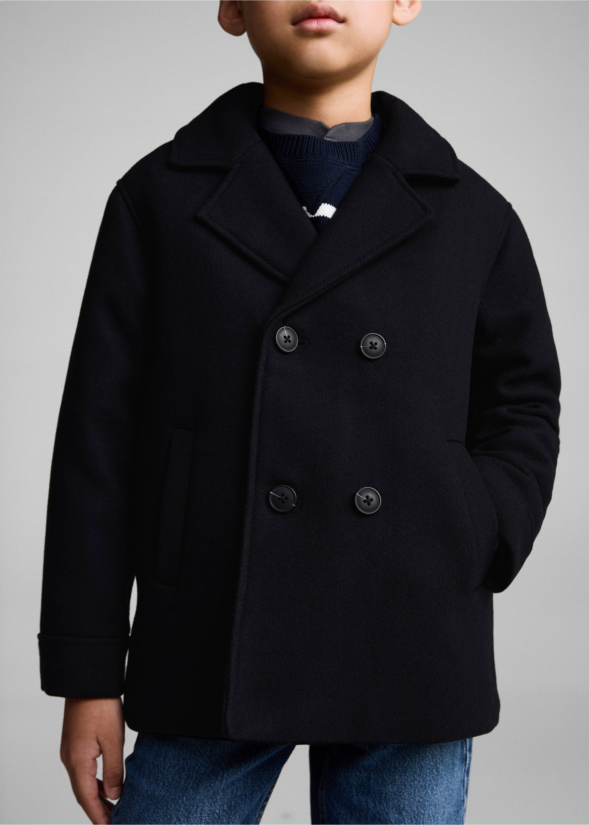 Buttoned wool coat - Details of the article 6, Dark Navy. Ref: 87020288-00.