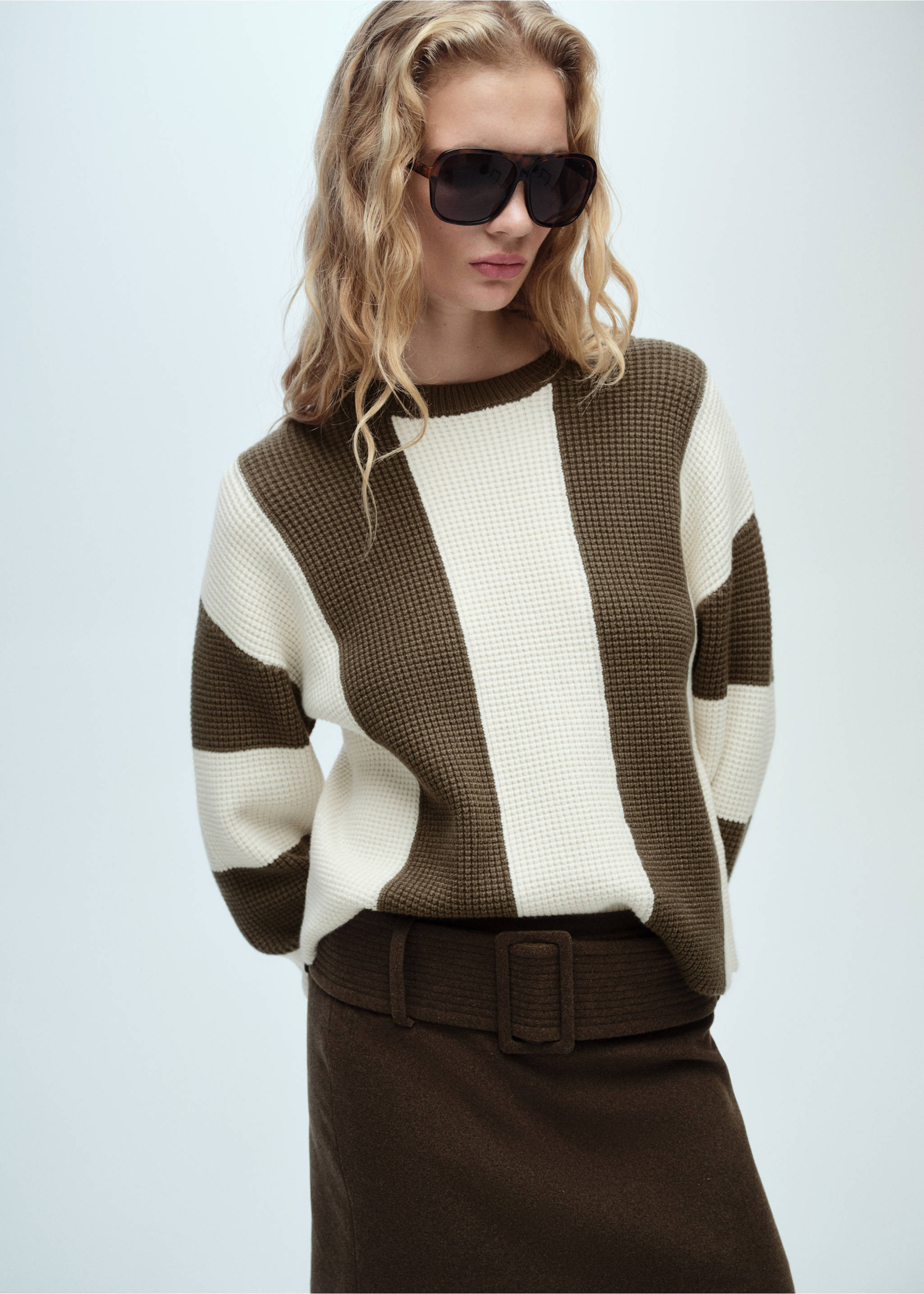 Knit striped sweater - Medium plane, Khaki. Ref: 87020435-00.