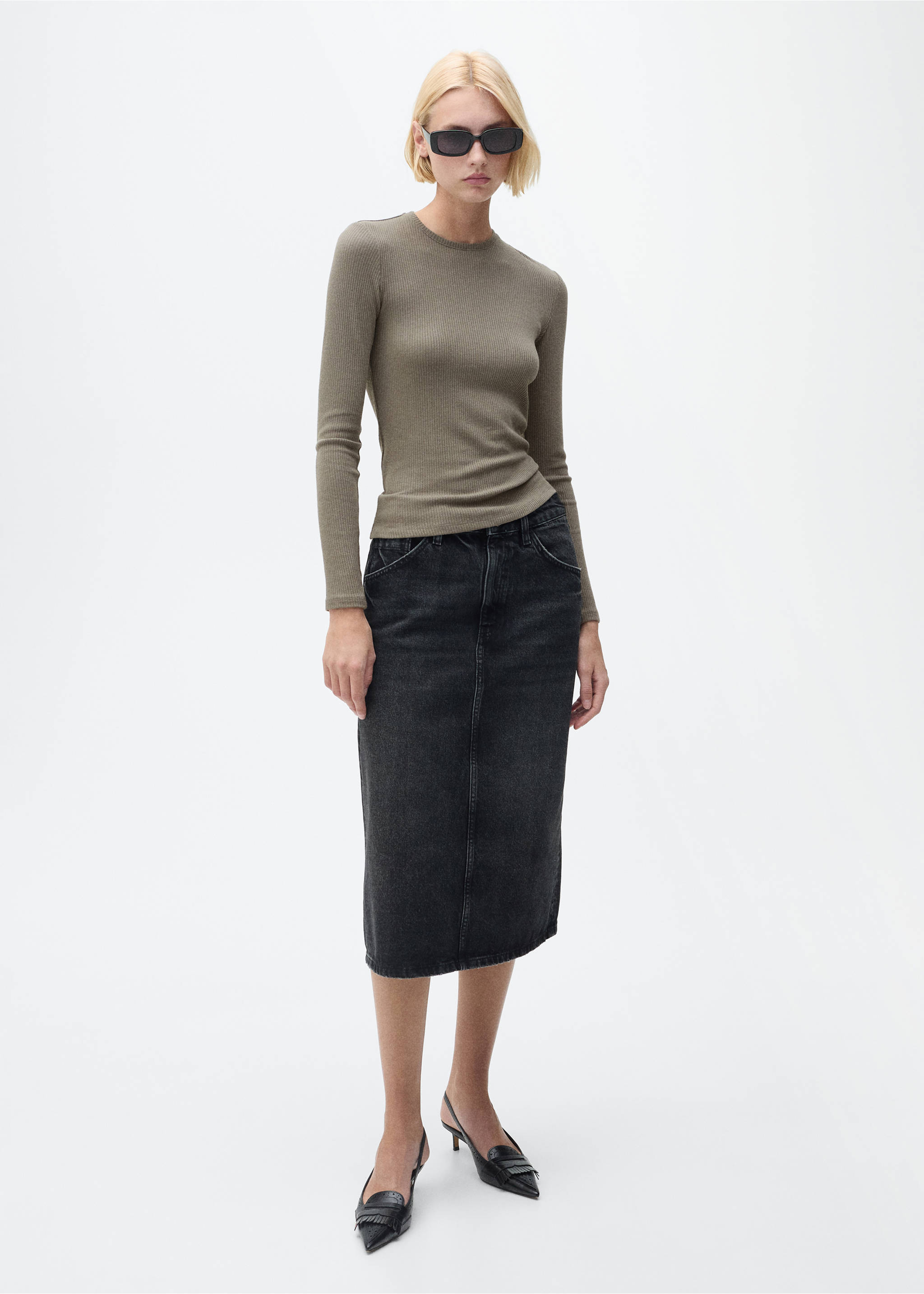 Hosszú ujjú, bordázott anyagú felső - Általános sík, Khaki. Ref: 87020445-00.