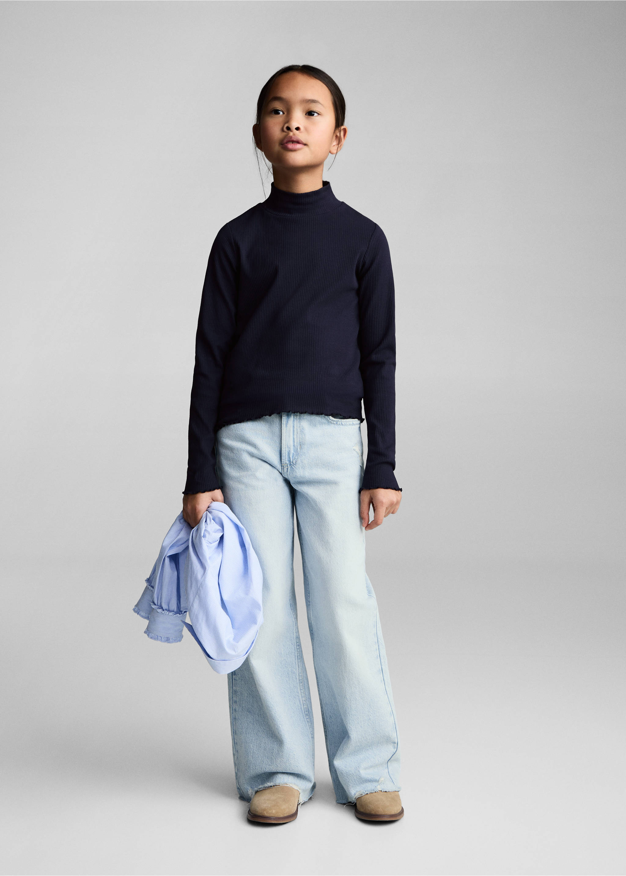 T-shirt côtelé col roulé - Plan général, Bleu marine foncé. Ref: 87020447-00.