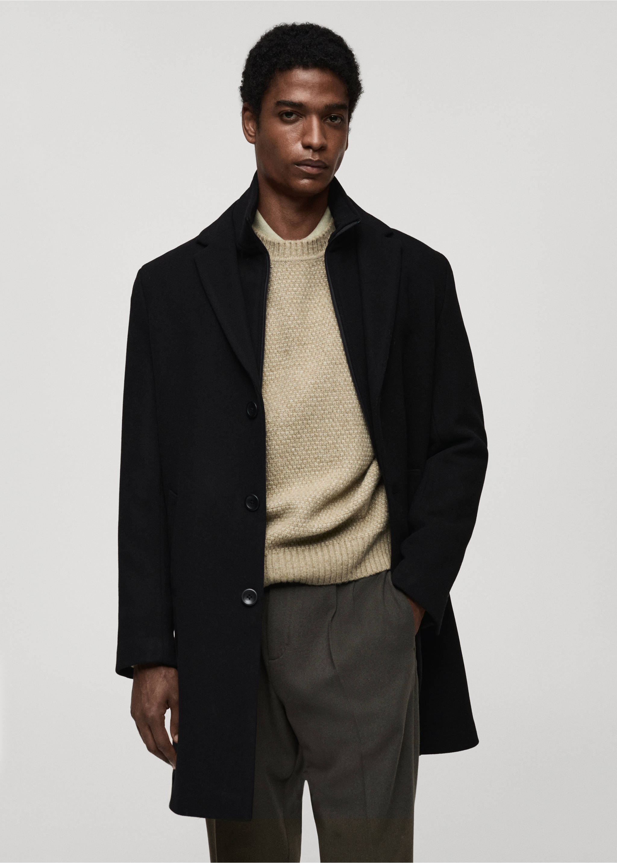 Wool coat with detachable collar - Medium plane, Black. Ref: 87020582-00.