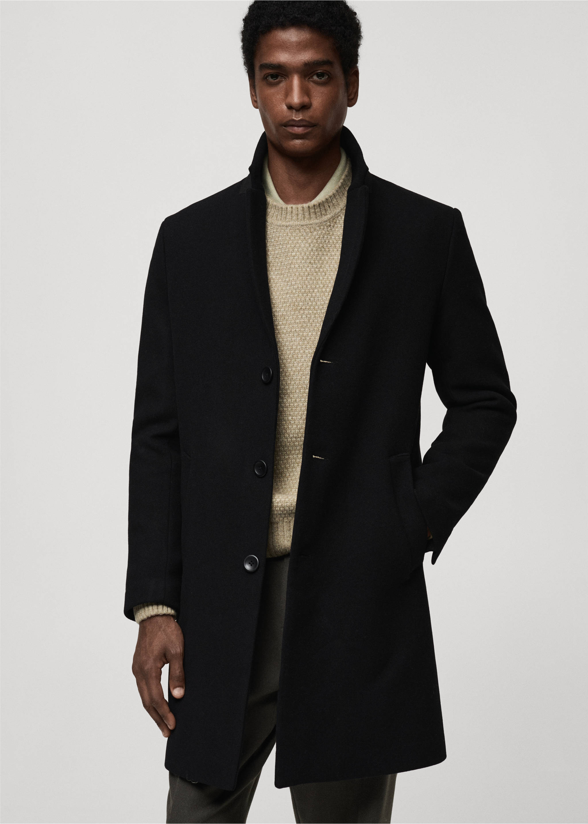 Wool coat with detachable collar - Details of the article 4, Black. Ref: 87020582-00.