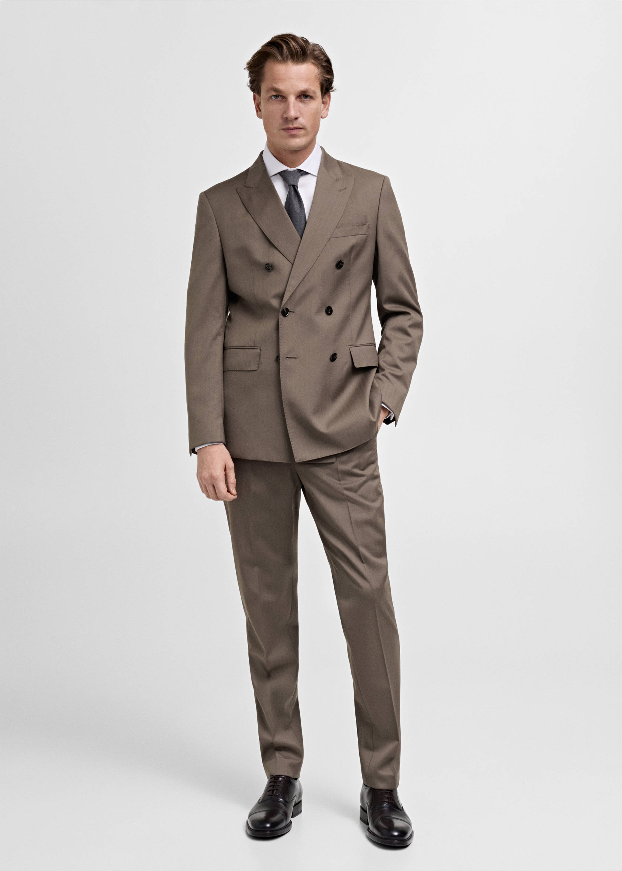 100% wool double-breasted herringbone suit jacket - General plane, Medium Brown. Ref: 87020589-00.