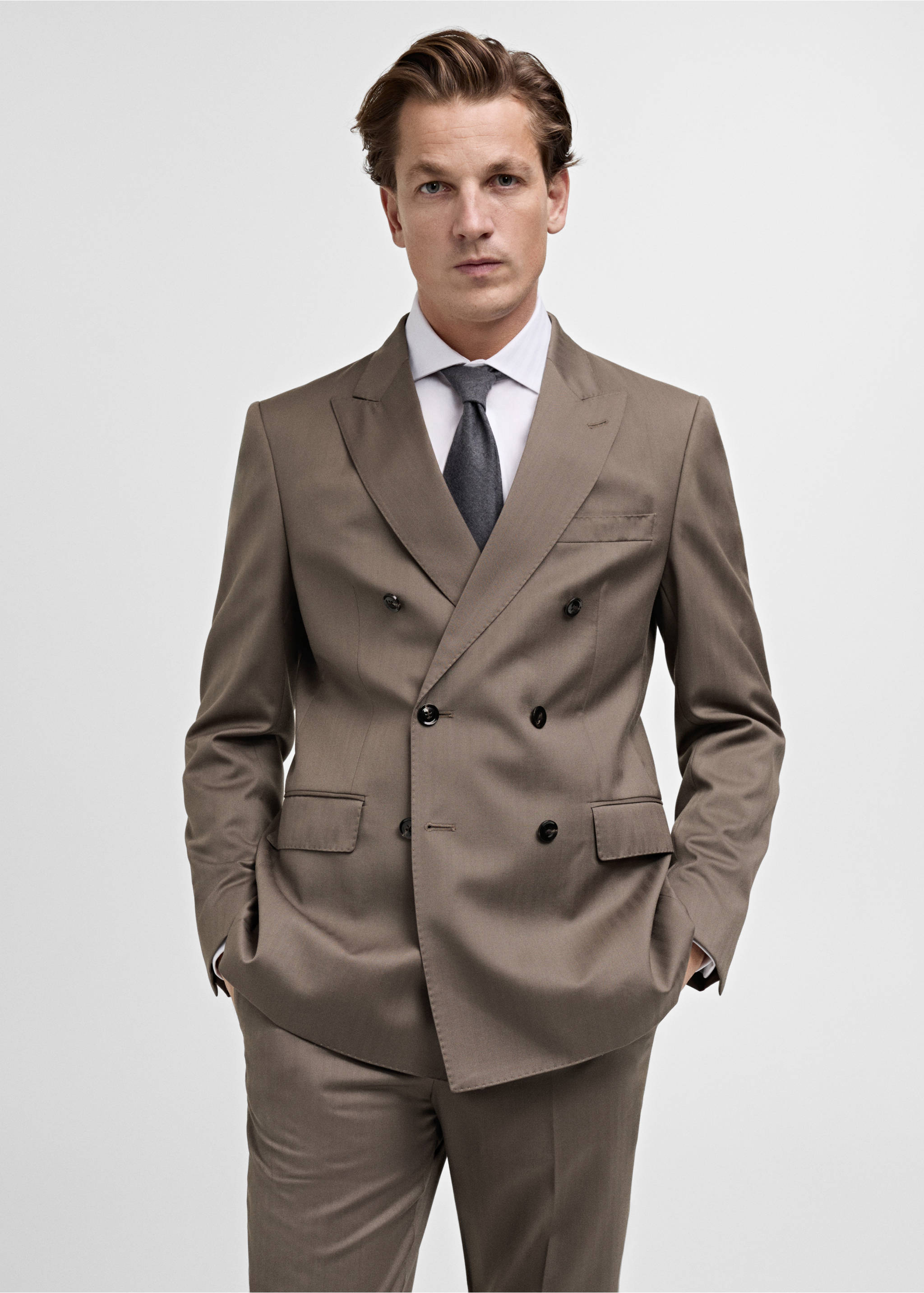 100% wool double-breasted herringbone suit jacket - Medium plane, Medium Brown. Ref: 87020589-00.