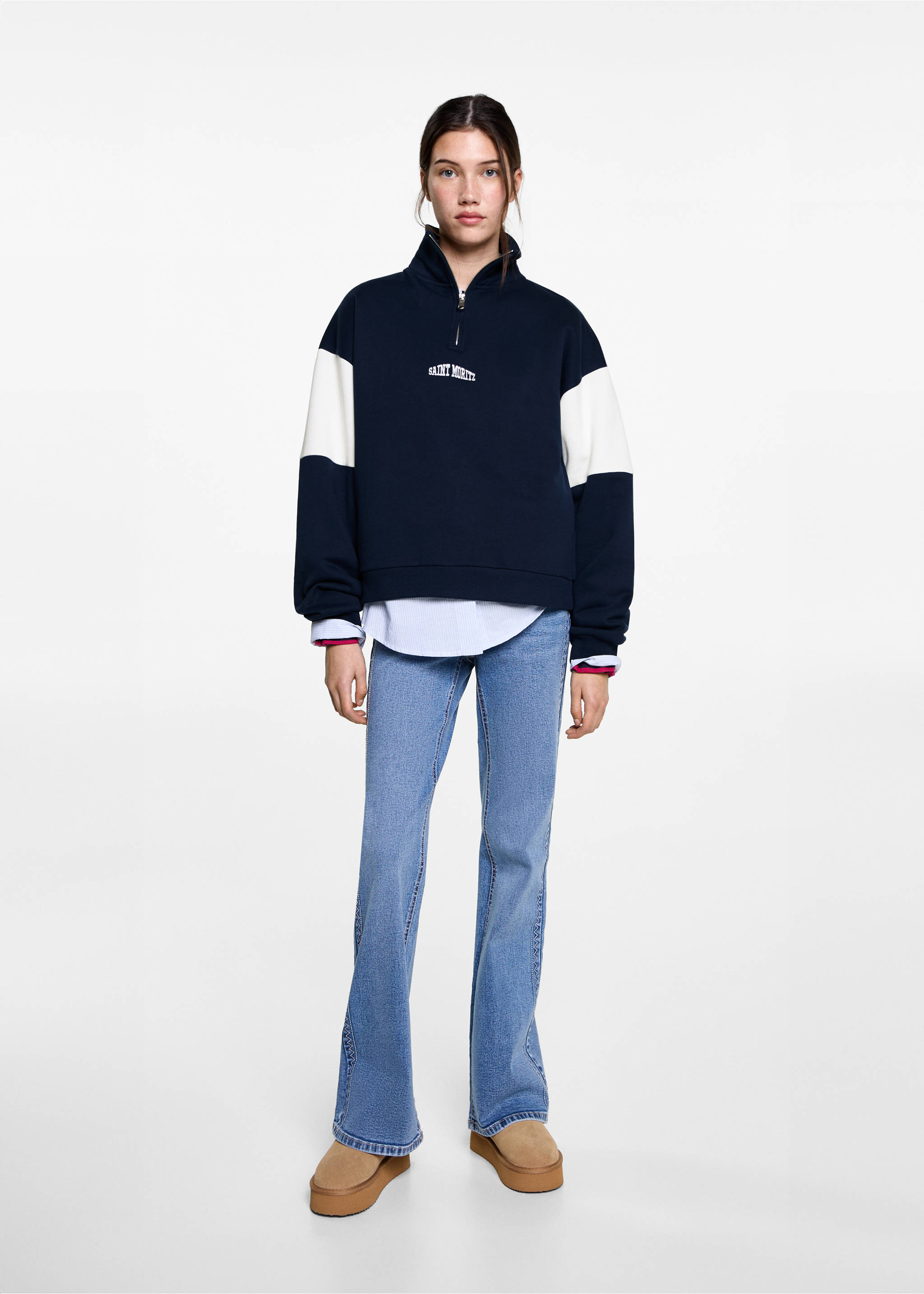 Sweatshirt mit Zip und Schriftzug - Allgemeine Ansicht, Dunkles Marineblau. Ref: 87020595-00.