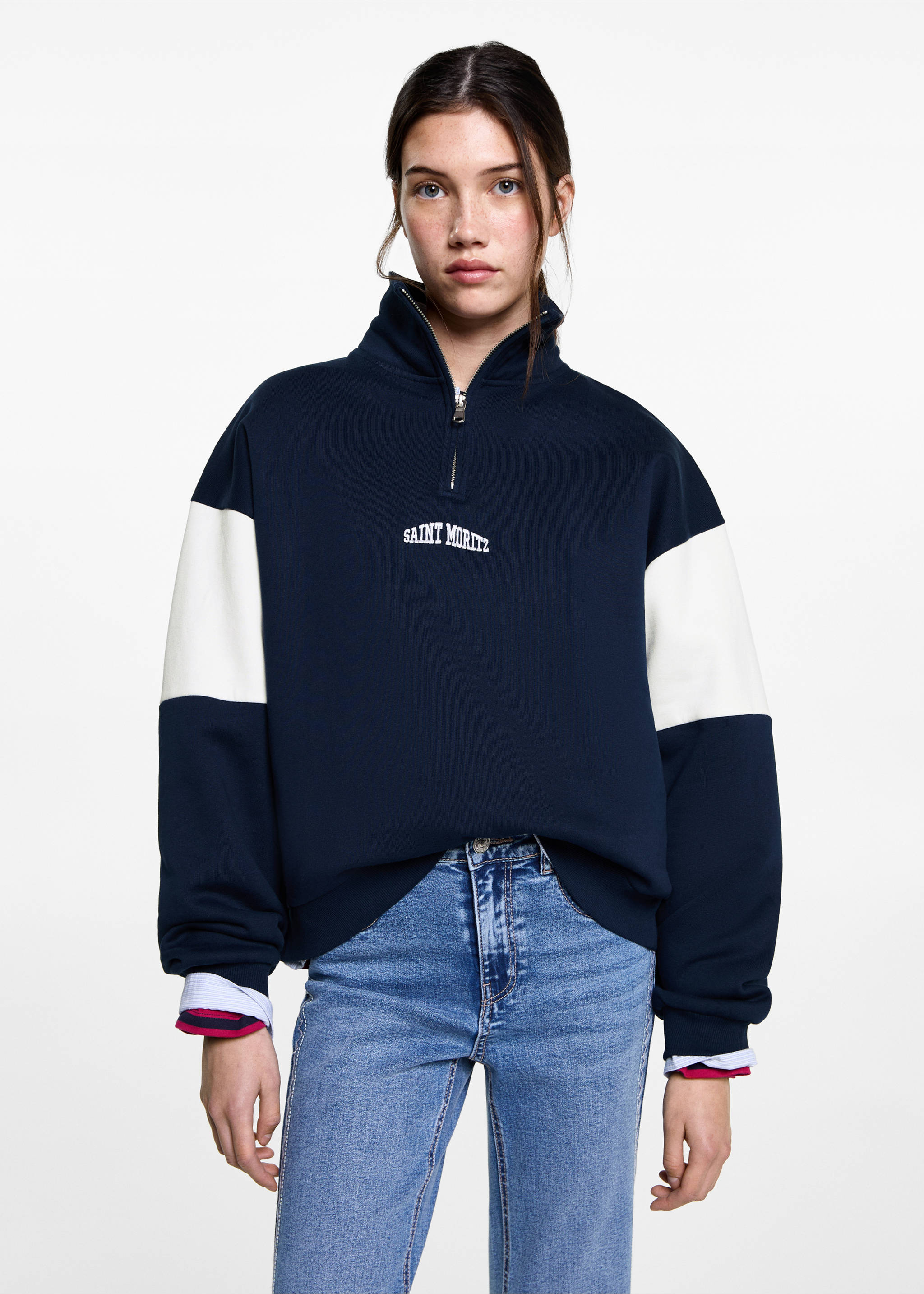 Sweatshirt mit Zip und Schriftzug - Mittlere Ansicht, Dunkles Marineblau. Ref: 87020595-00.