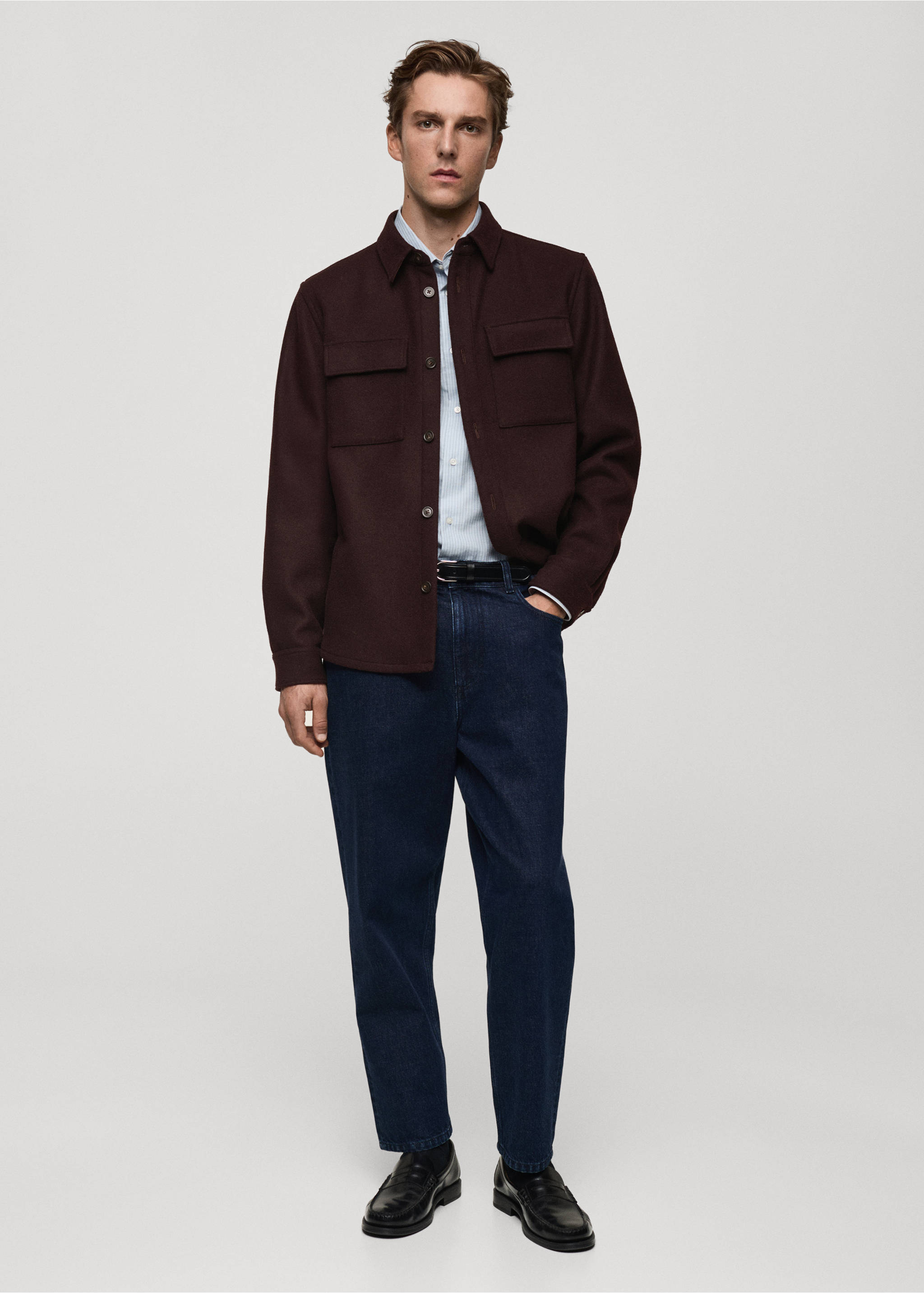 Flannel wool overshirt with pockets - General plane, Burgundy. Ref: 87020598-00.
