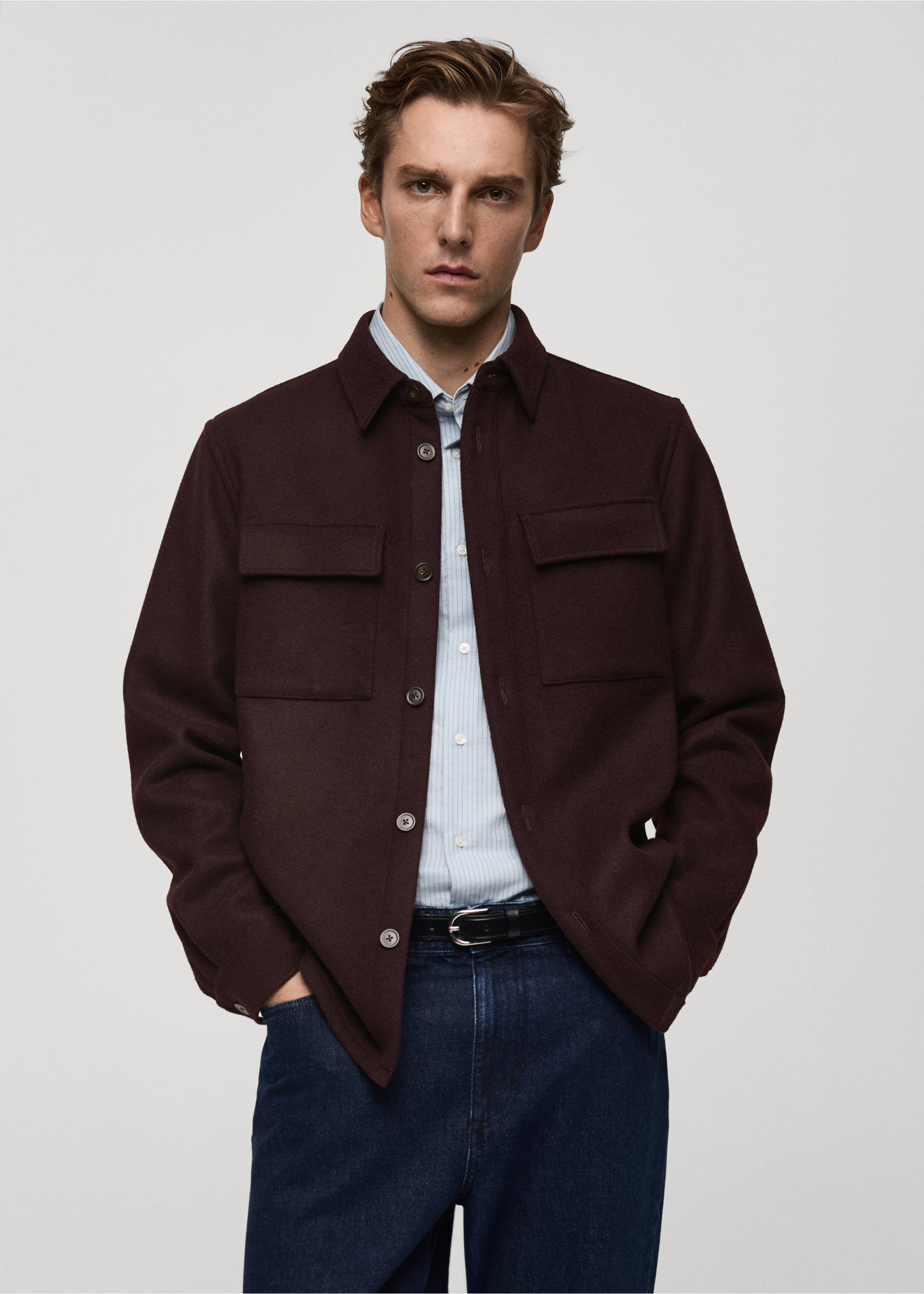 Flannel wool overshirt with pockets - Medium plane, Burgundy. Ref: 87020598-00.