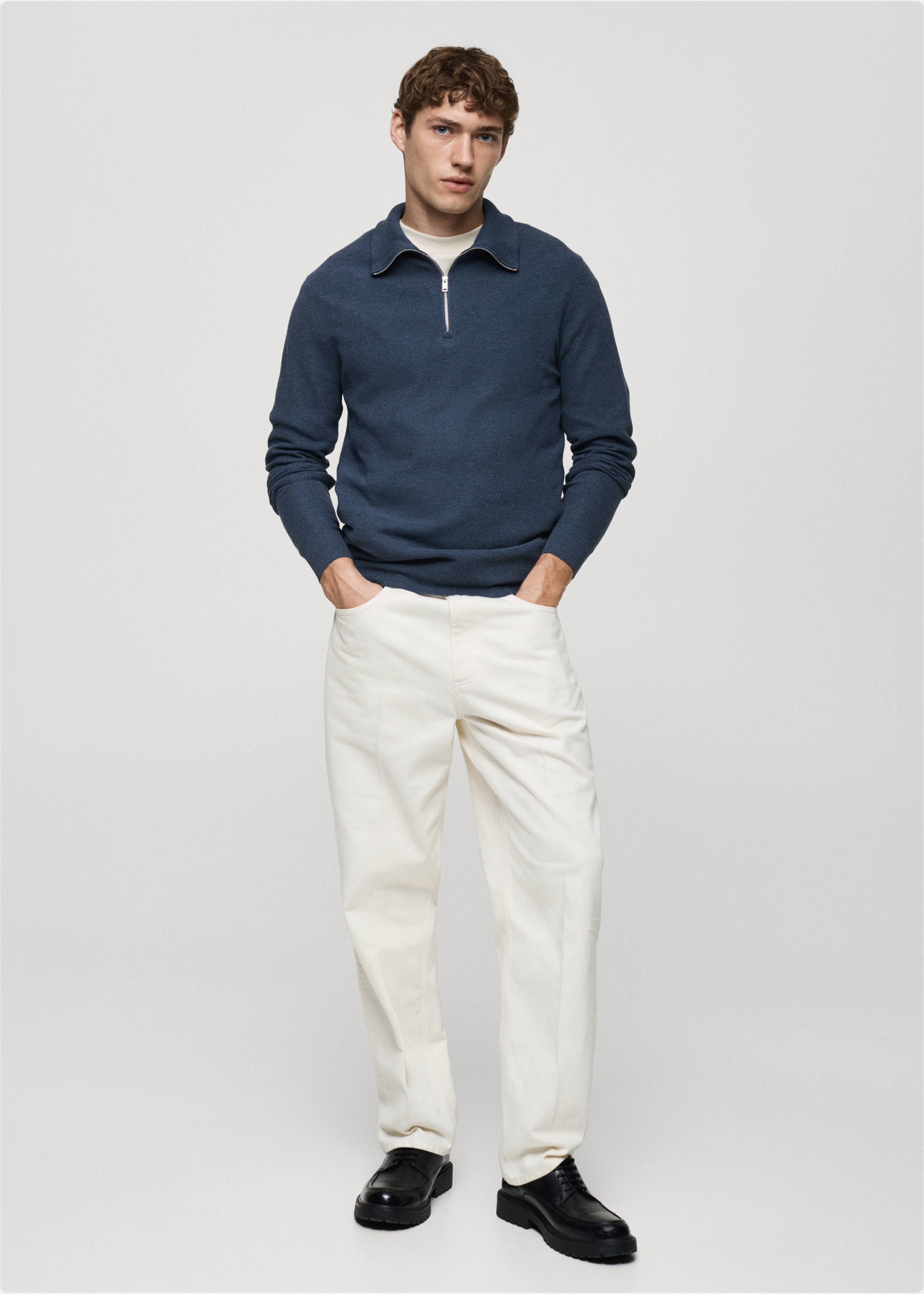 Microstructure sweater with zipper collar - General plane, Indigo Blue. Ref: 87020600-00.