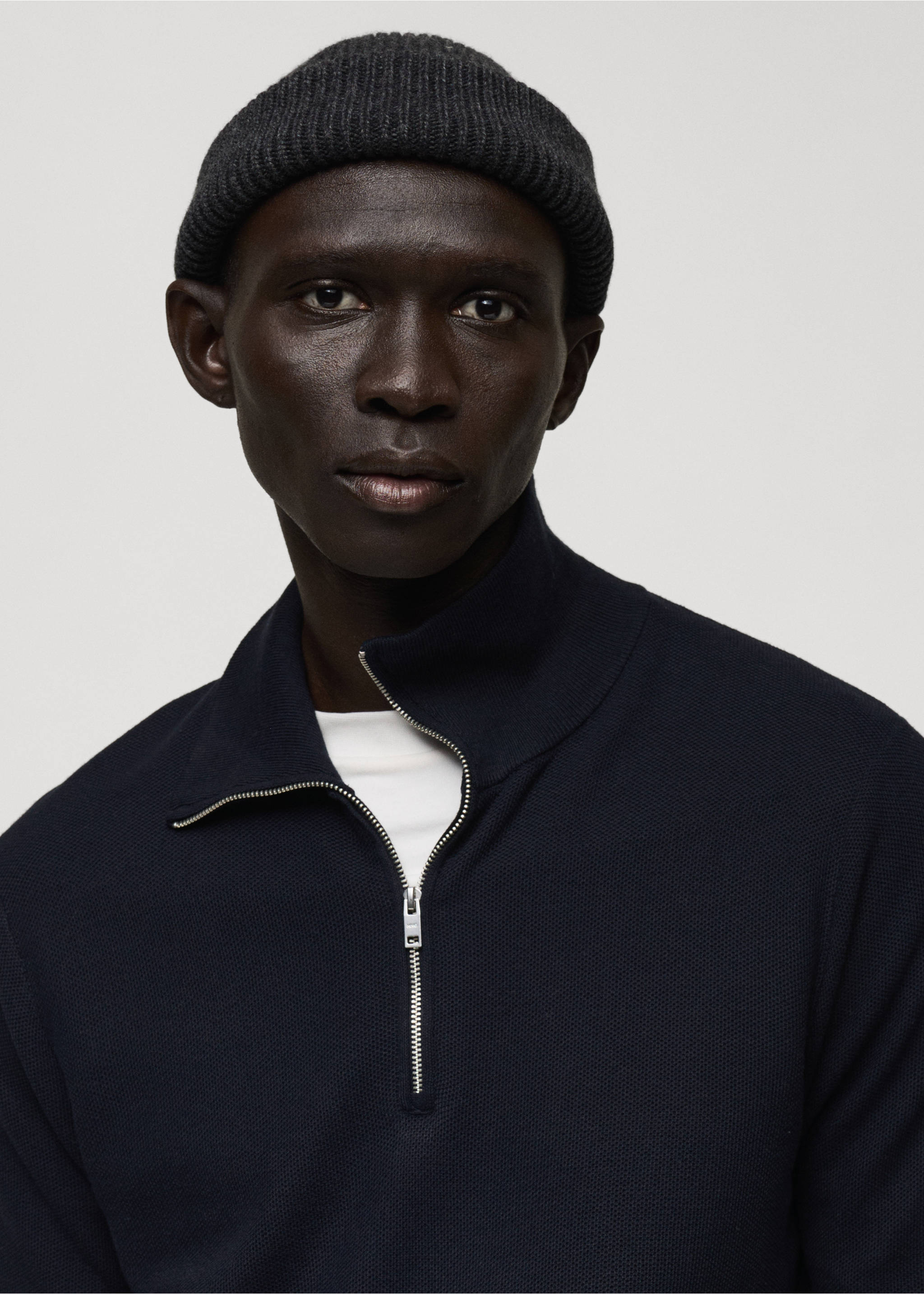 Microstructure sweater with zipper collar - Details of the article 1, Dark Navy. Ref: 87020600-00.