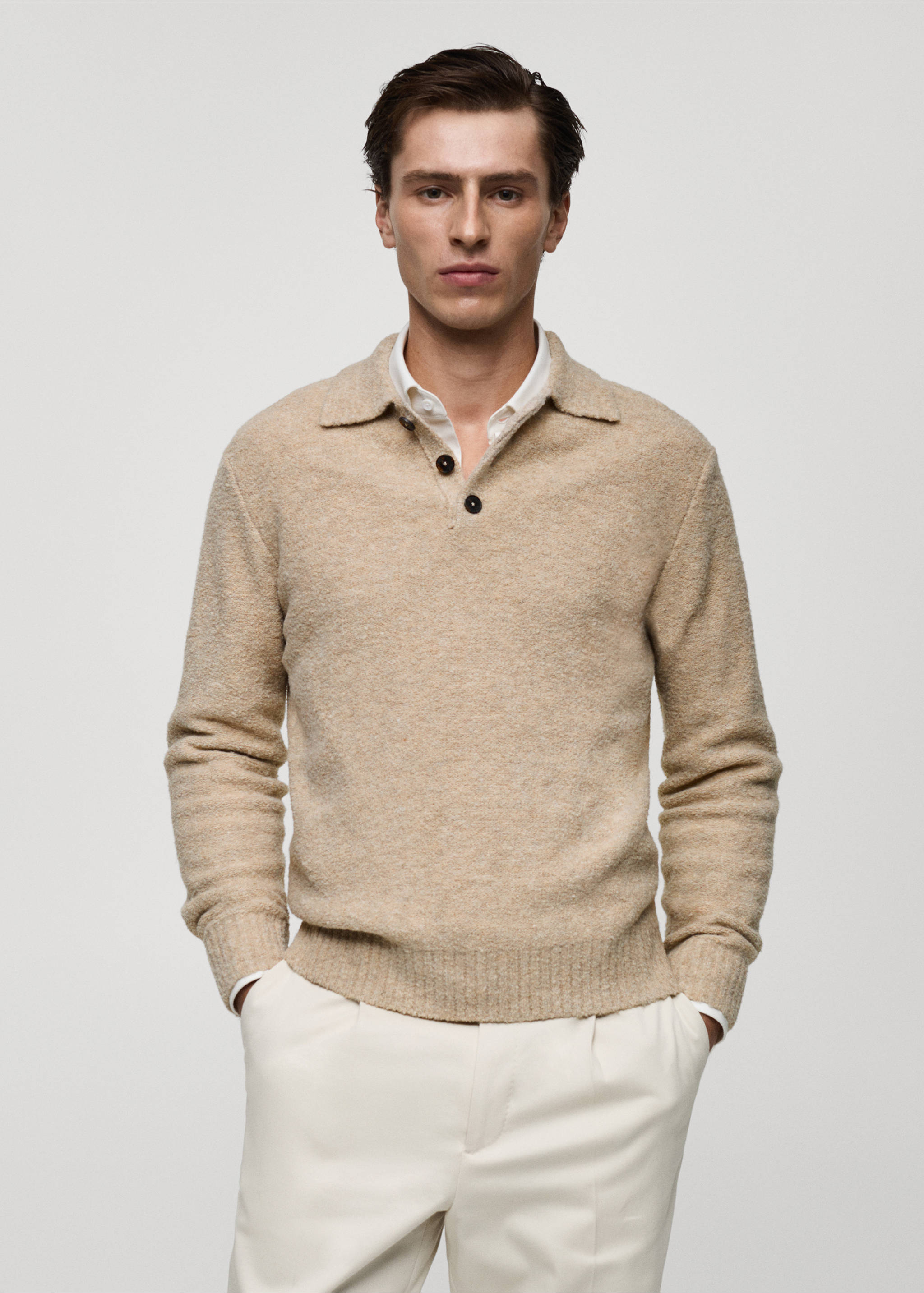 Mini boucle knit polo shirt - Medium plane, Sand. Ref: 87020601-00.