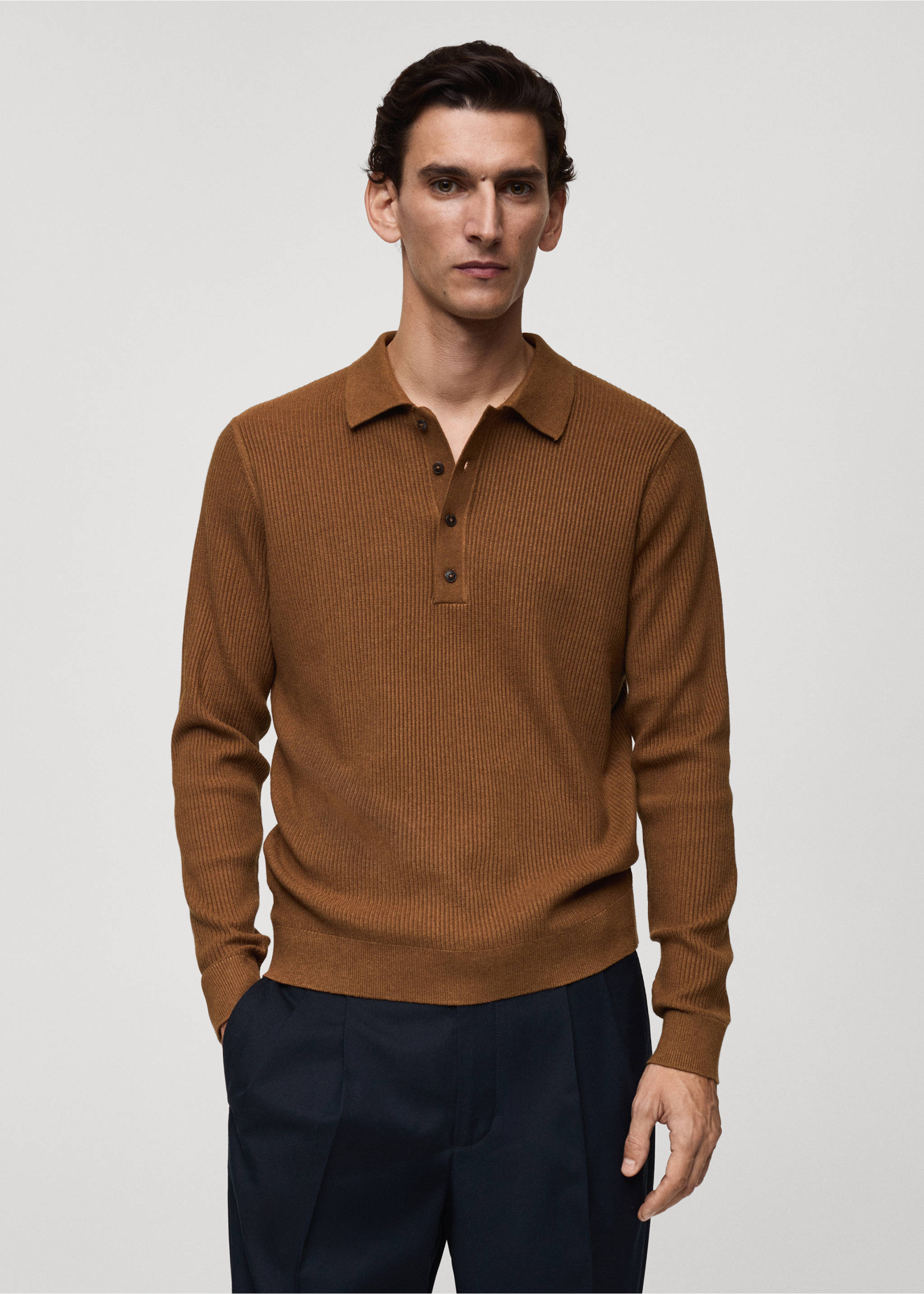 Cotton-blend ribbed polo sweater - Medium plane, Medium Brown. Ref: 87020602-00.