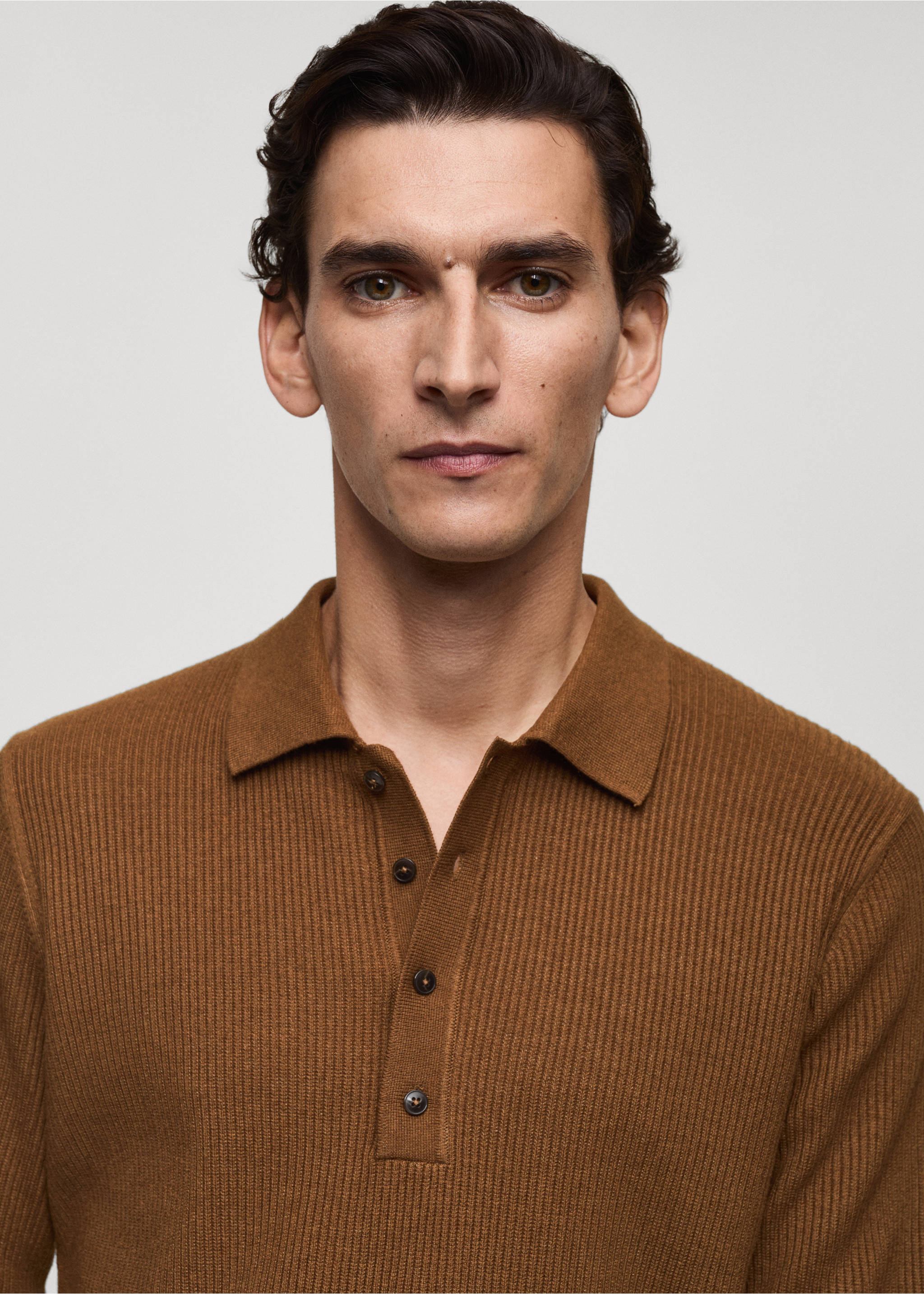 Cotton-blend ribbed polo sweater - Details of the article 1, Medium Brown. Ref: 87020602-00.