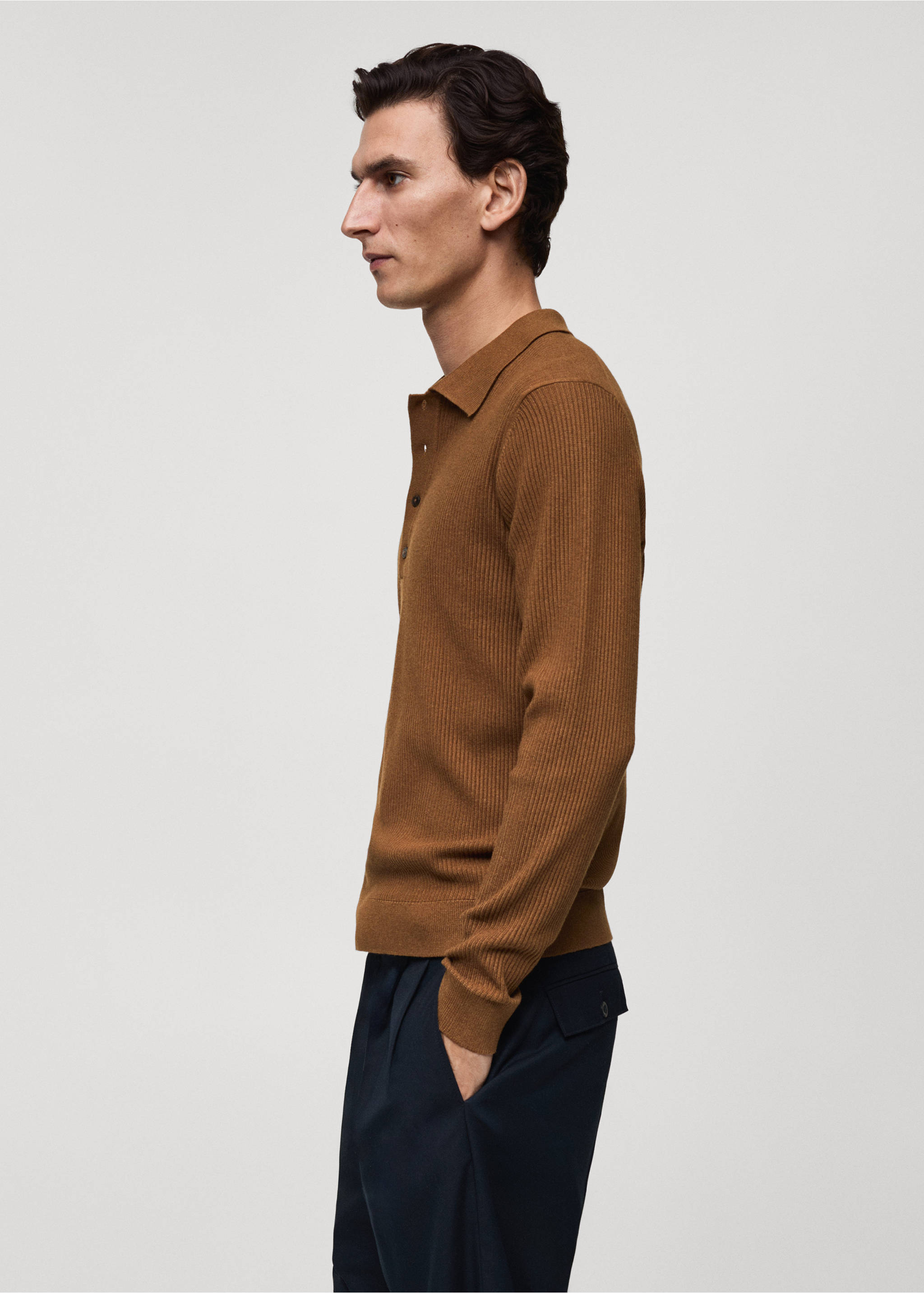 Cotton-blend ribbed polo sweater - Details of the article 2, Medium Brown. Ref: 87020602-00.