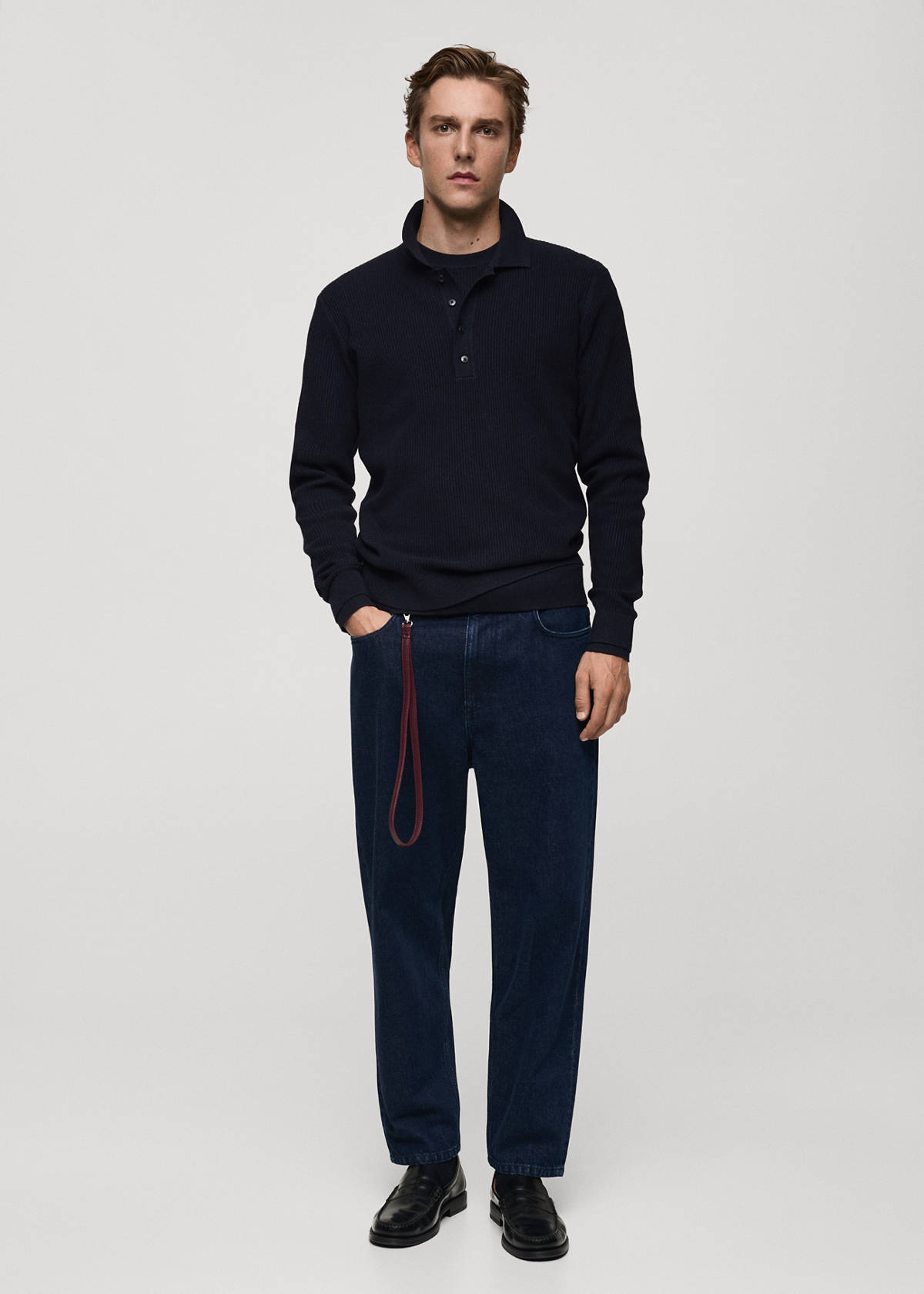 Cotton-blend ribbed polo sweater