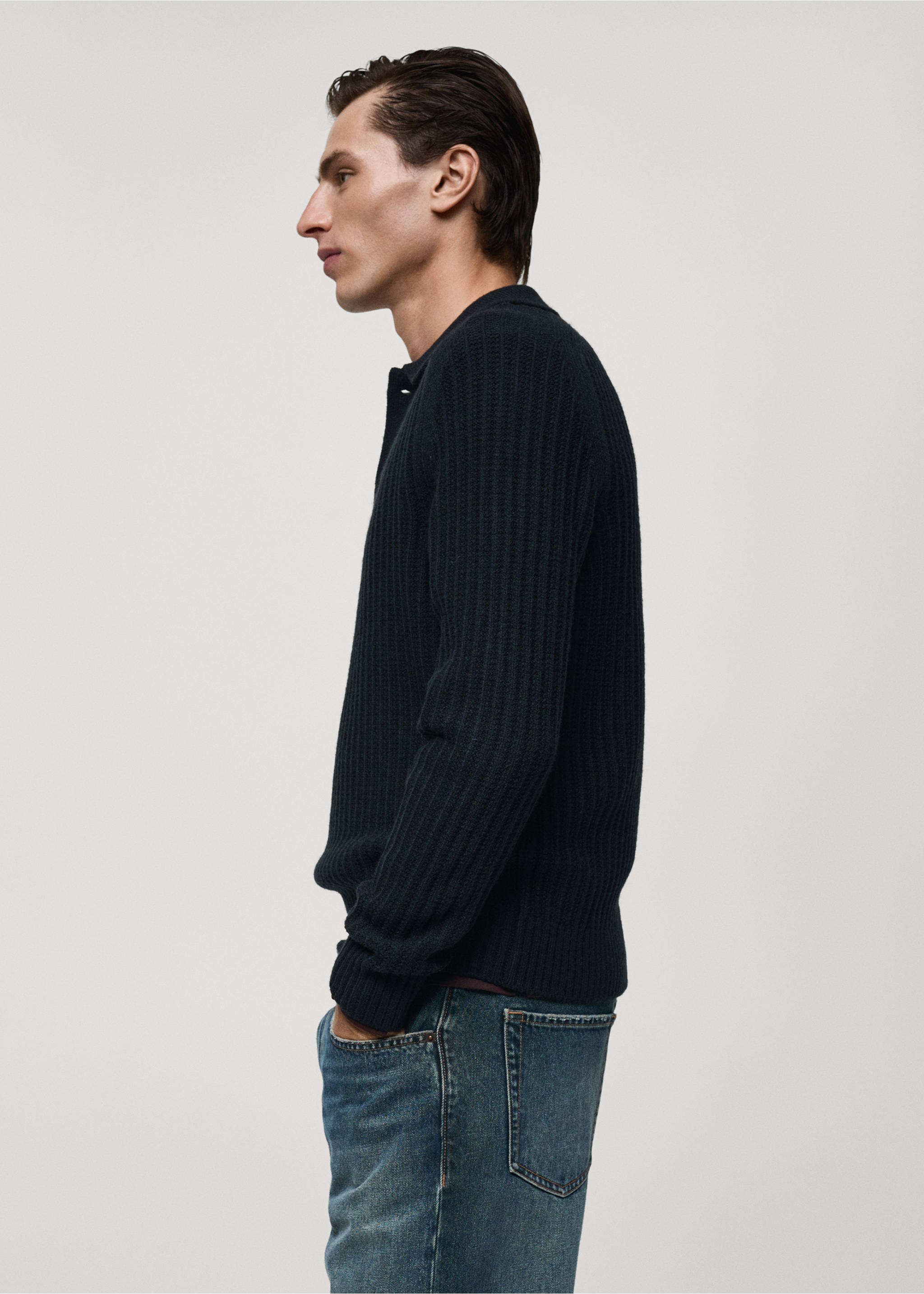 Ribbed polo-neck sweater - Details of the article 2, Dark Navy. Ref: 87020603-00.