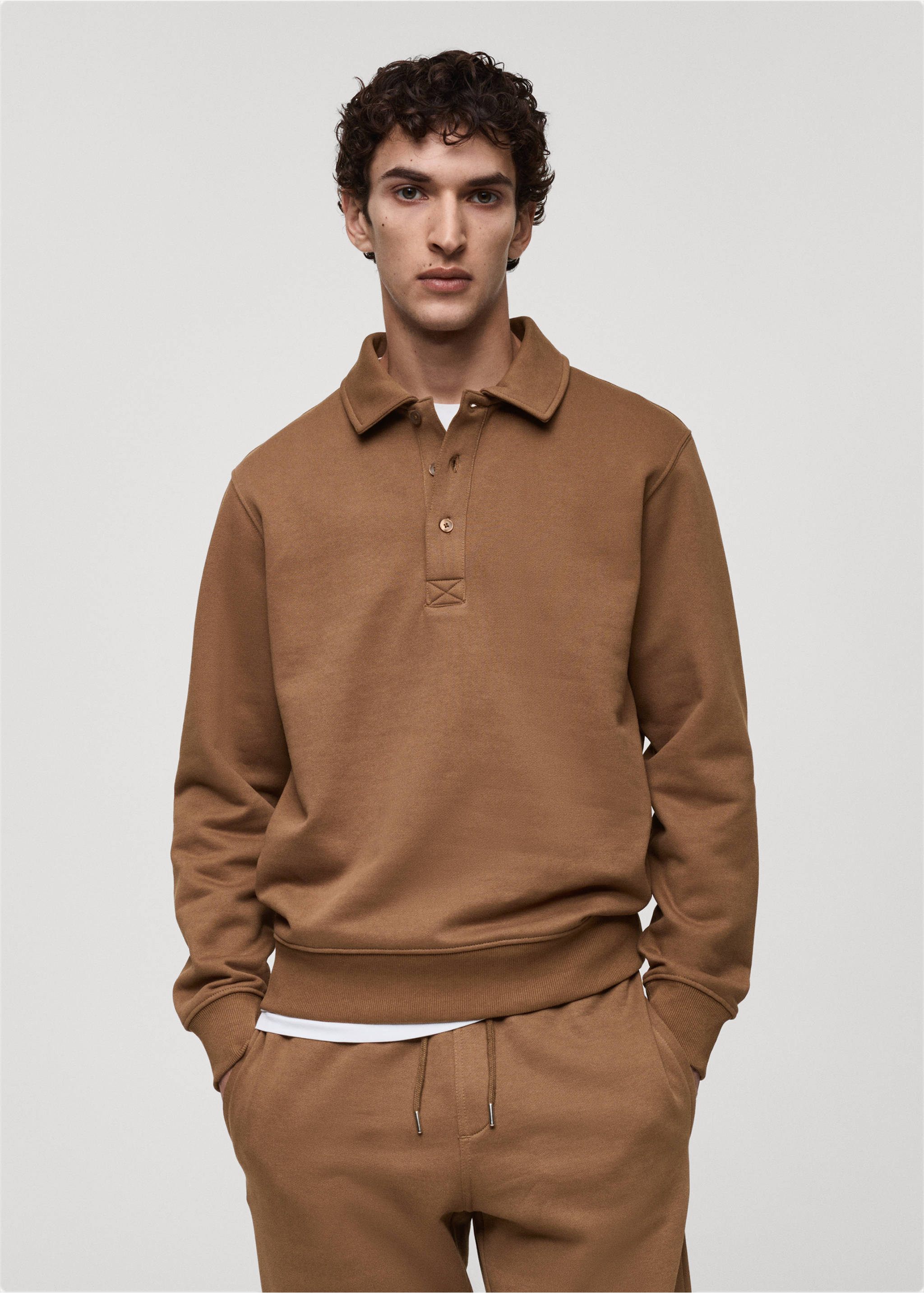 Brushed regular-fit polo sweatshirt - Medium plane, Medium Brown. Ref: 87020619-00.