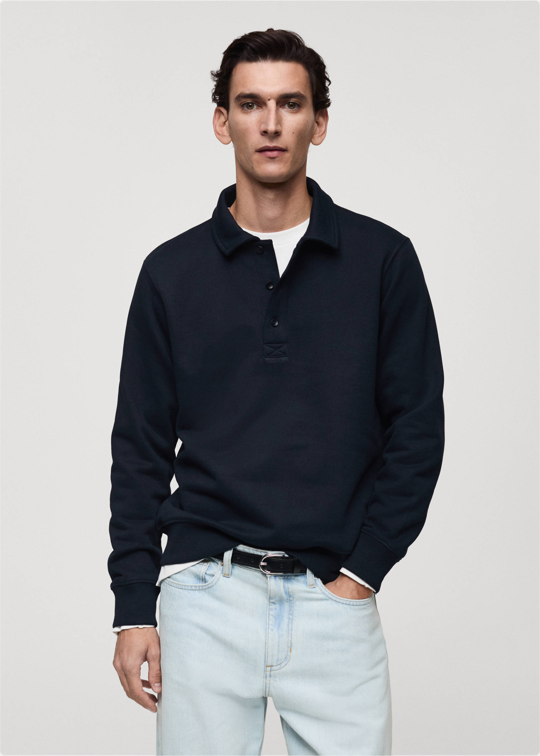 Brushed regular-fit polo sweatshirt - Medium plane, Dark Navy. Ref: 87020619-00.