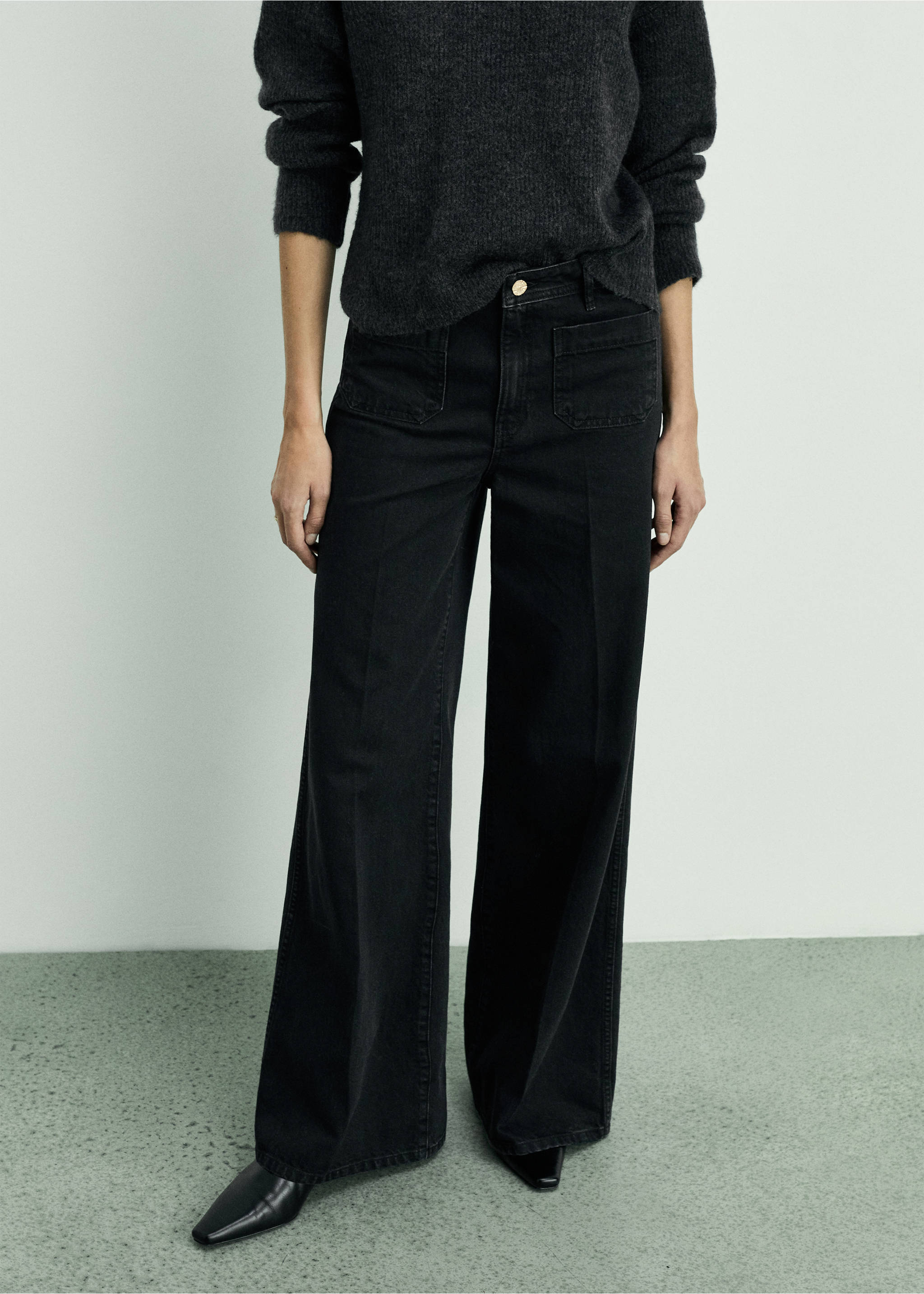 Wide leg jeans with pockets - Medium plane, Black denim. Ref: 87020637-00.