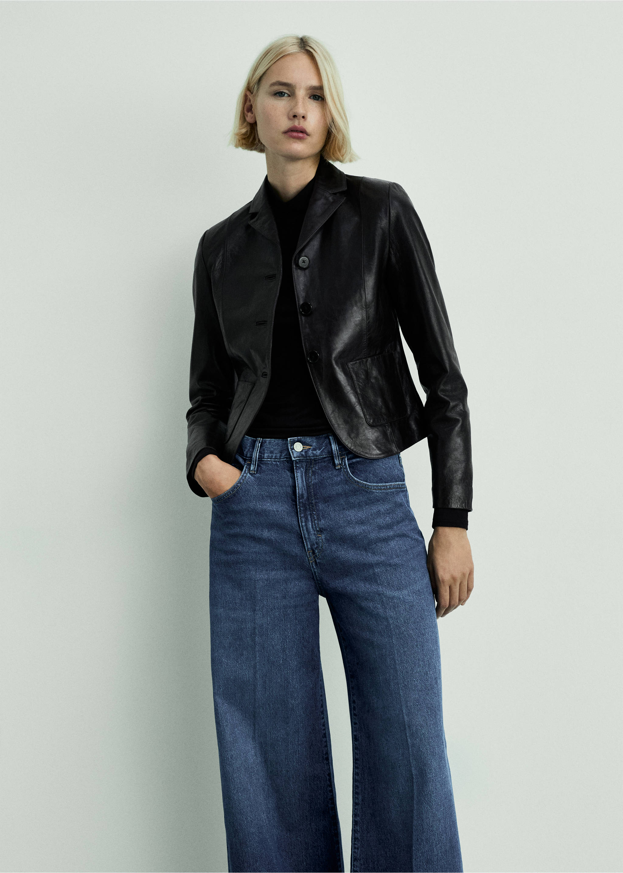 Jeans med hög midja och breda ben - Detaljer om artikeln 1, Mörkblå. Ref: 87020638-00.