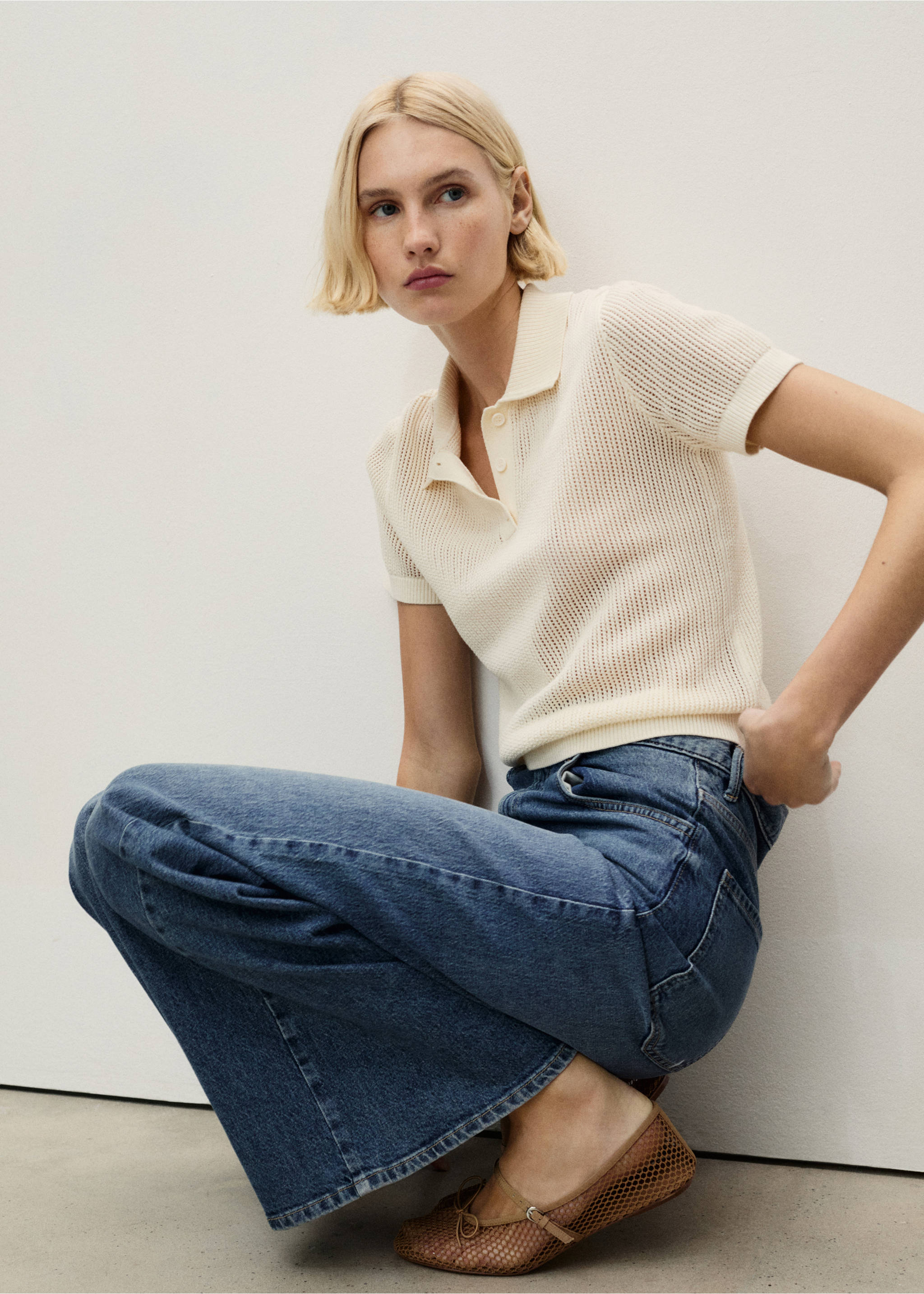 Jeans med hög midja och breda ben - Detaljer om artikeln 2, Mörkblå. Ref: 87020638-00.