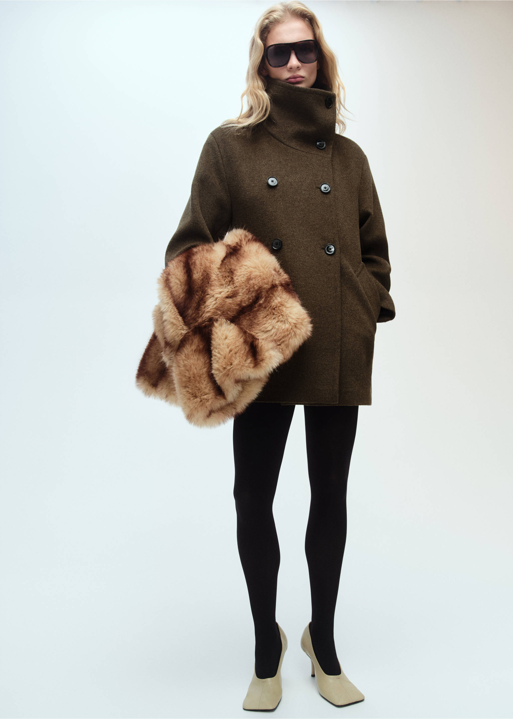 Midi wool coat with wraparound collar - General plane, Khaki. Ref: 87020641-00.