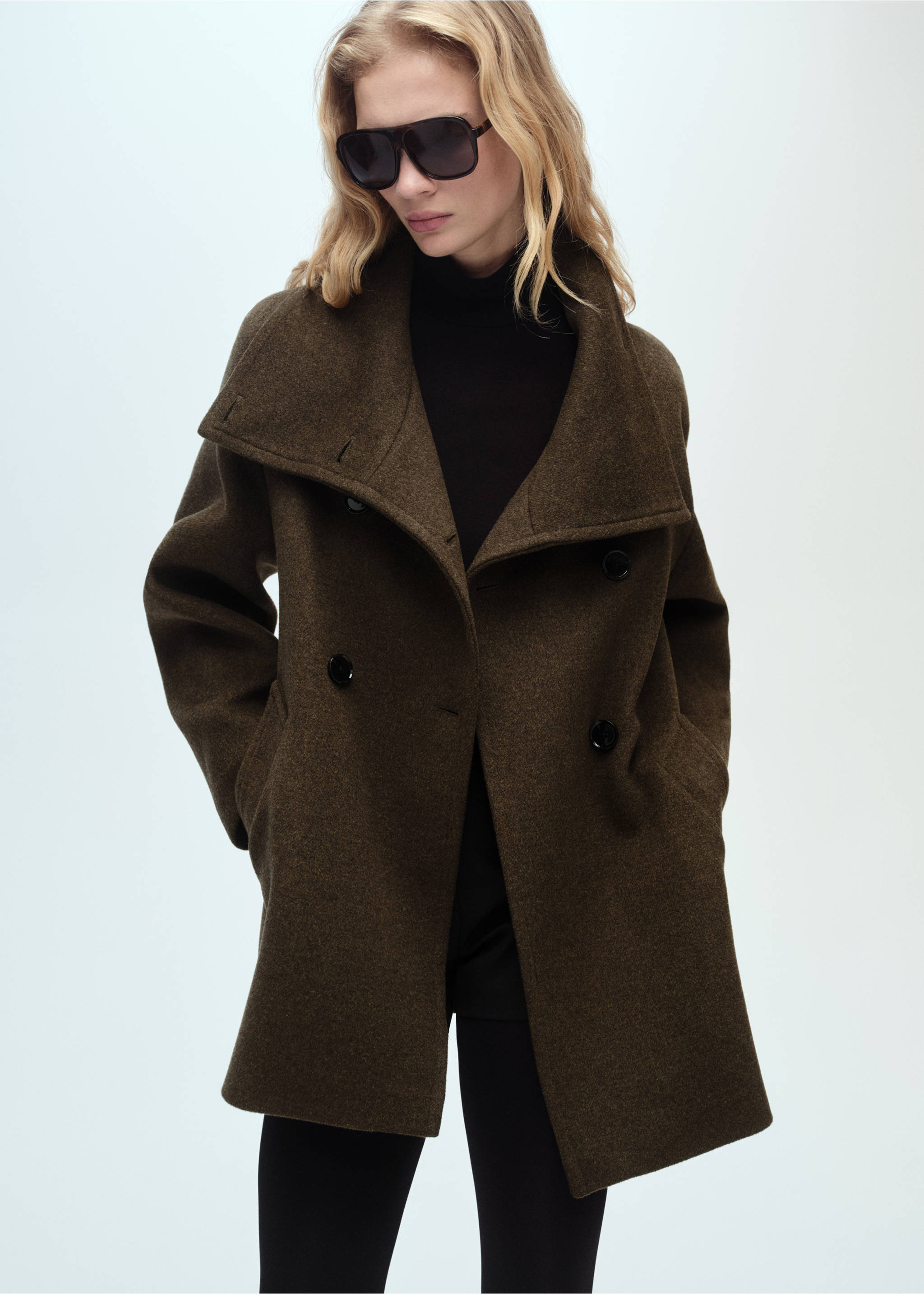 Midi wool coat with wraparound collar - Medium plane, Khaki. Ref: 87020641-00.