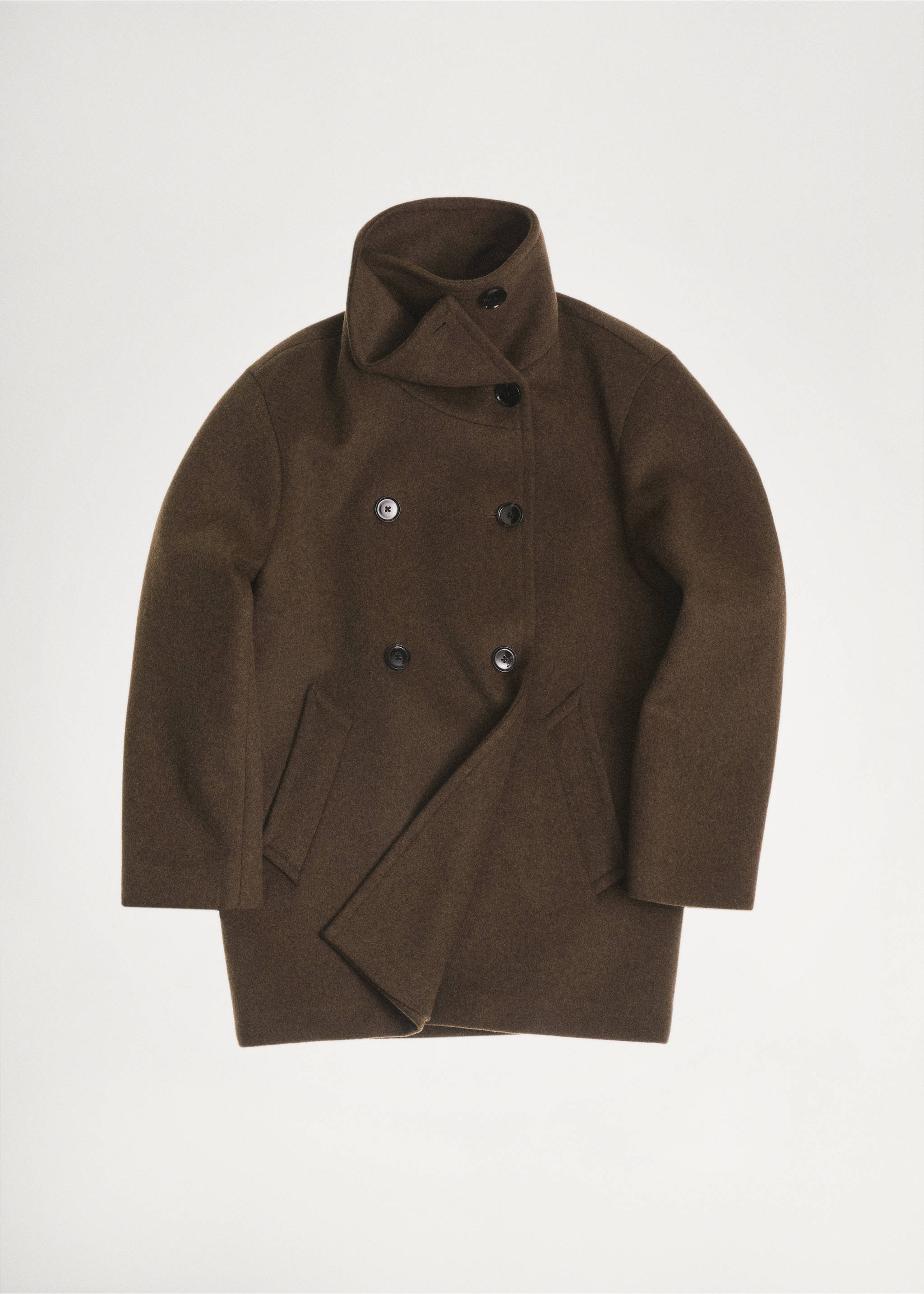 Midi wool coat with wraparound collar - Details of the article 7, Khaki. Ref: 87020641-00.