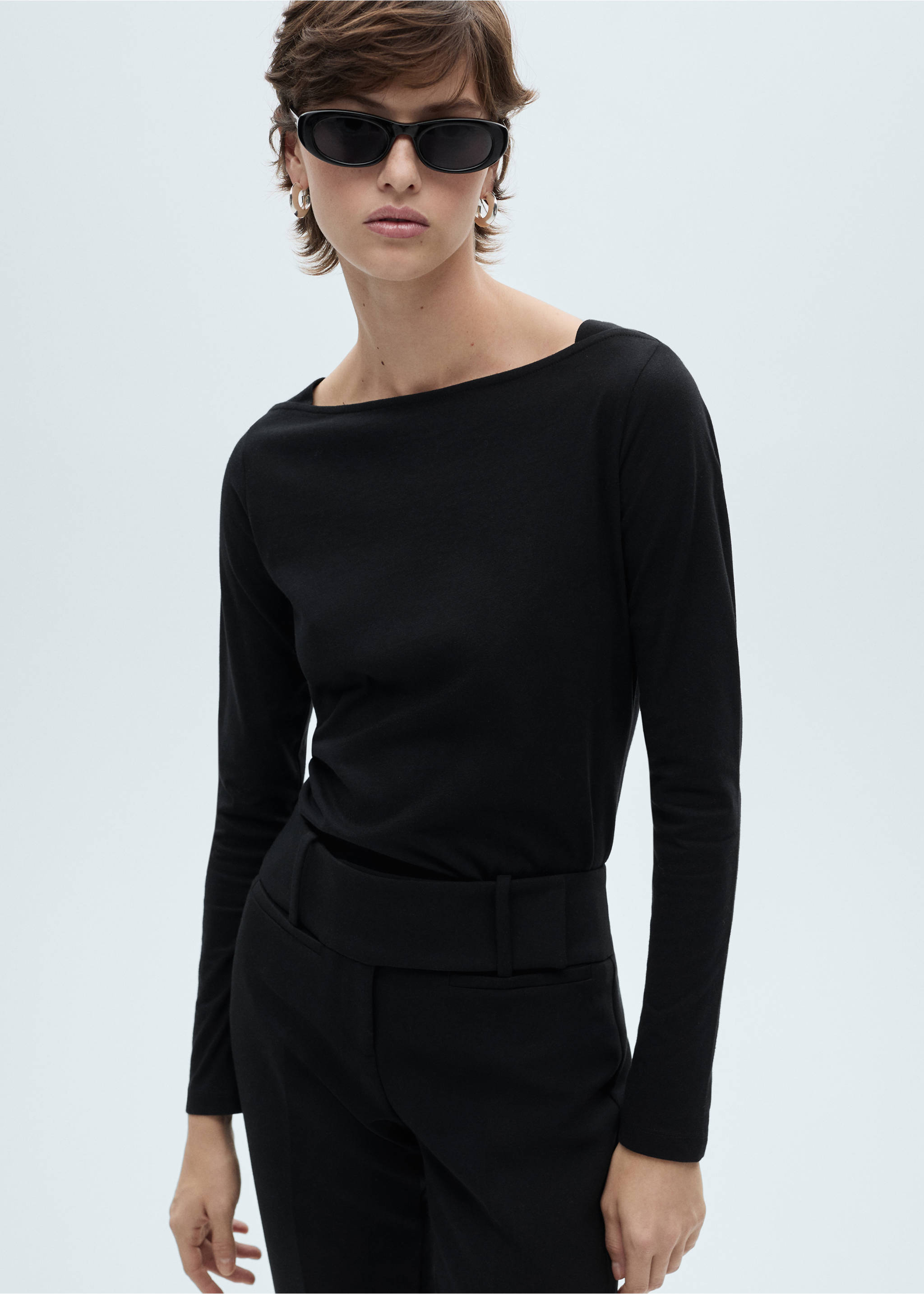 Cotton boat neck t-shirt - Medium plane, Black. Ref: 87020642-00.