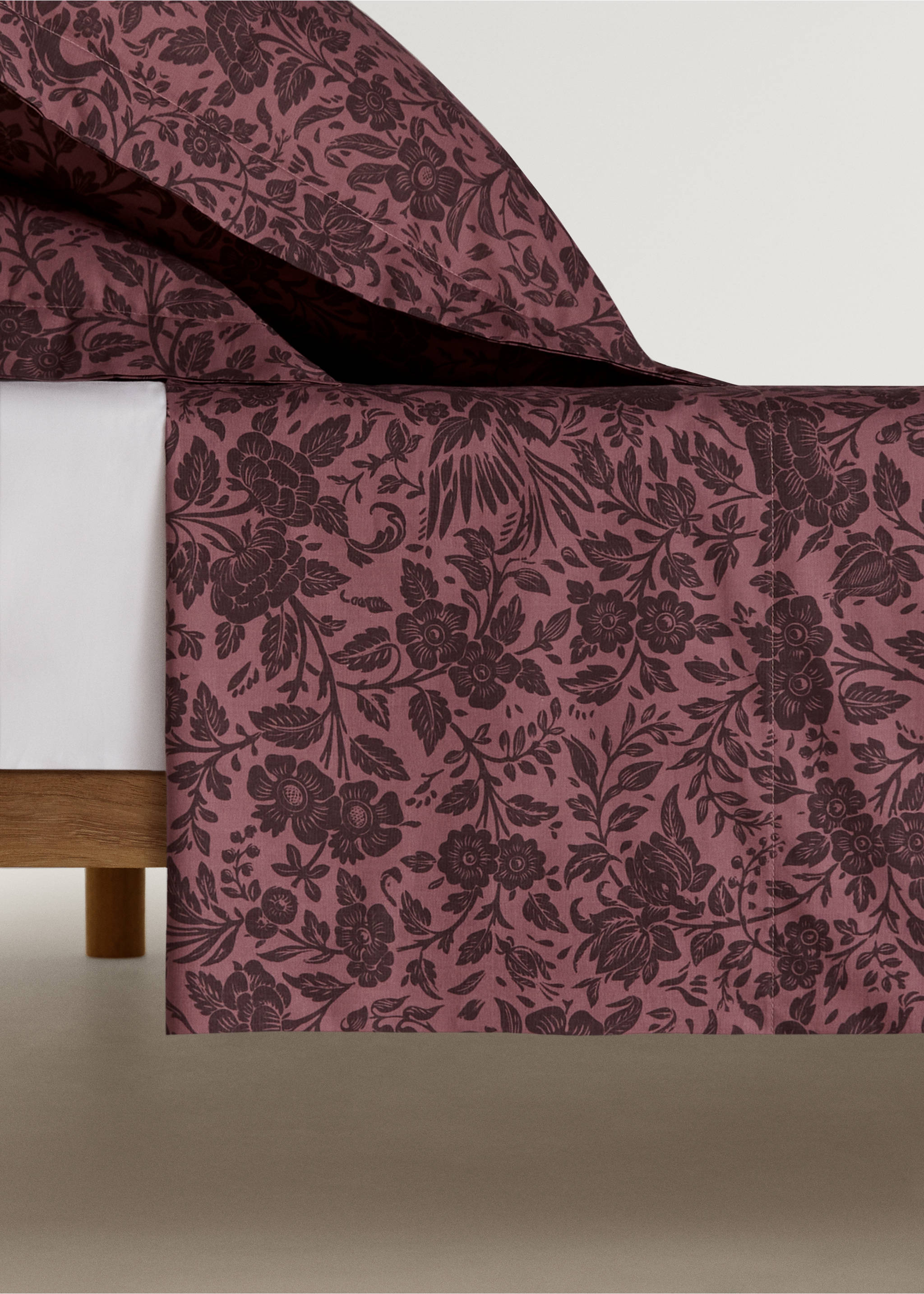 Percale cotton printed two-tone floral flat sheet King bed - General plane, Pink. Ref: 87022946-00.