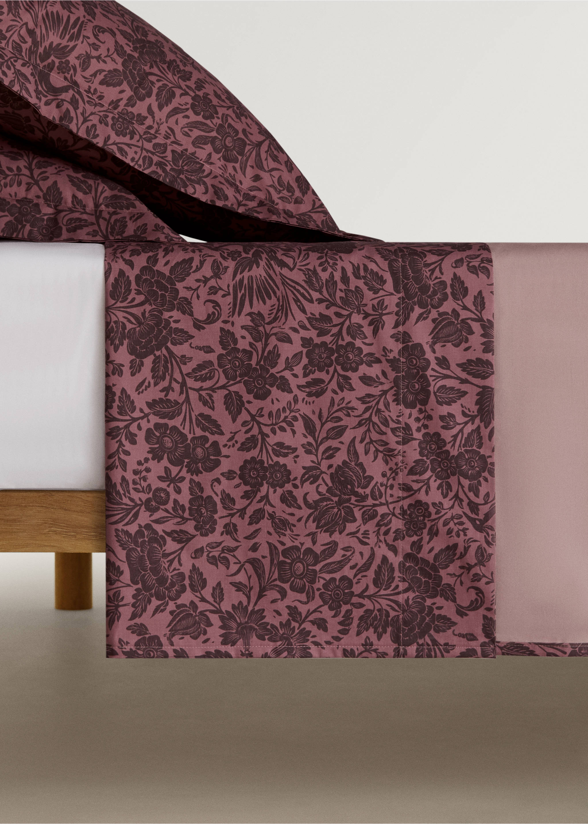 Percale cotton printed two-tone floral flat sheet King bed - Article without model, Pink. Ref: 87022946-00.