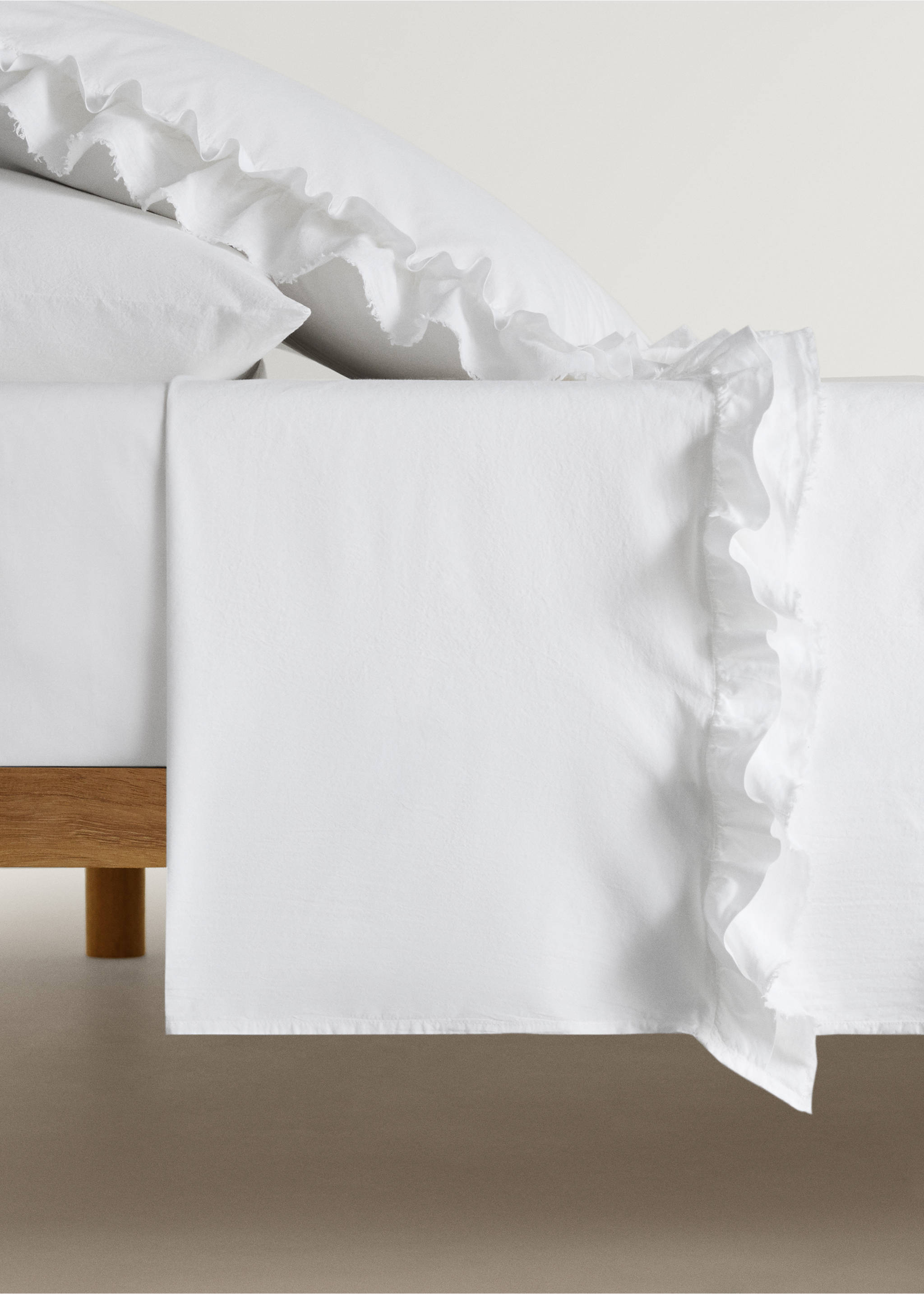 Washed cotton flounce linen flat sheet King bed - Article without model, White. Ref: 87022983-00.