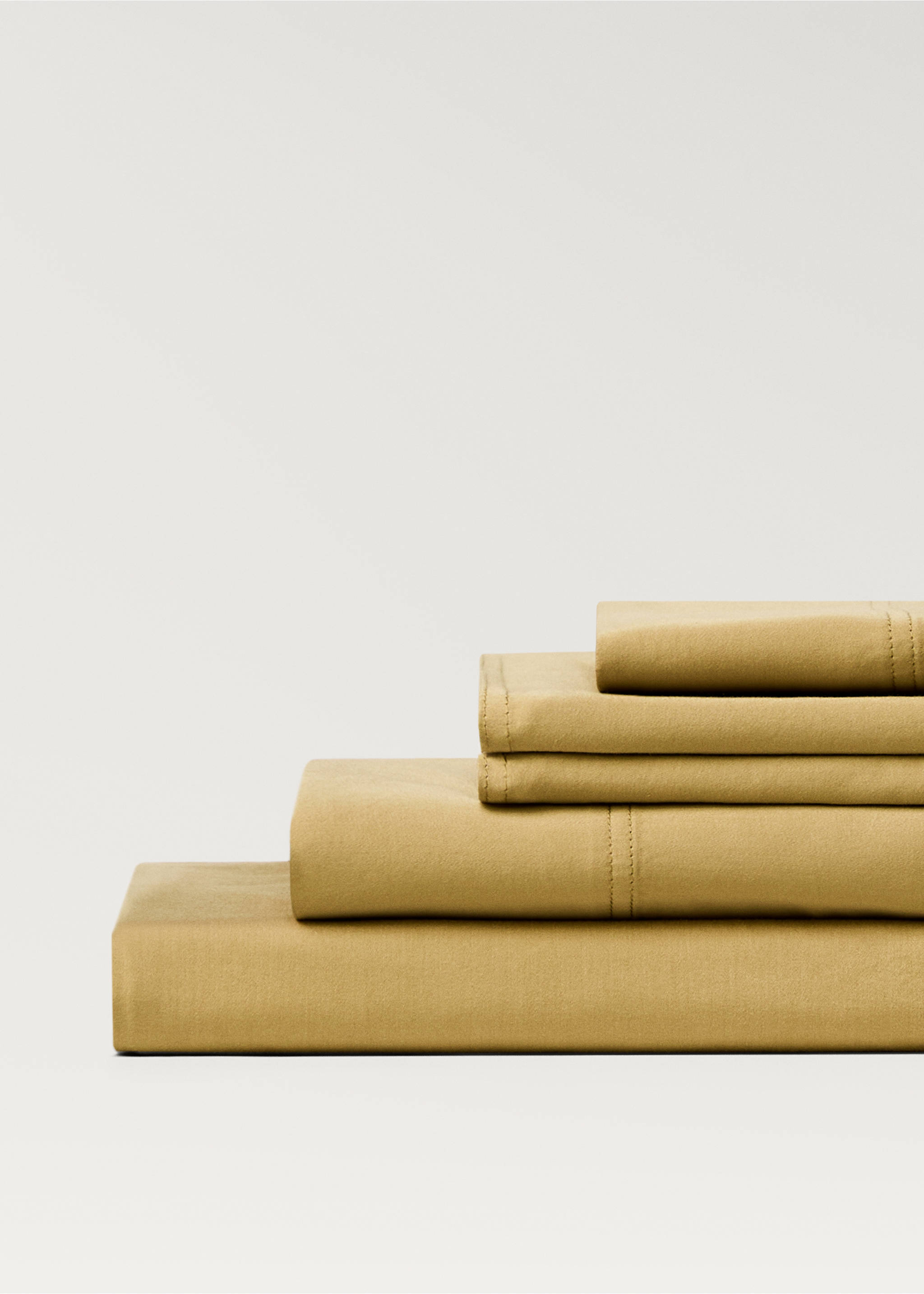 Washed cotton satin double-stitched top sheet for 135/140 cm bed - Details of the article 3, Ochre. Ref: 87023027-00.