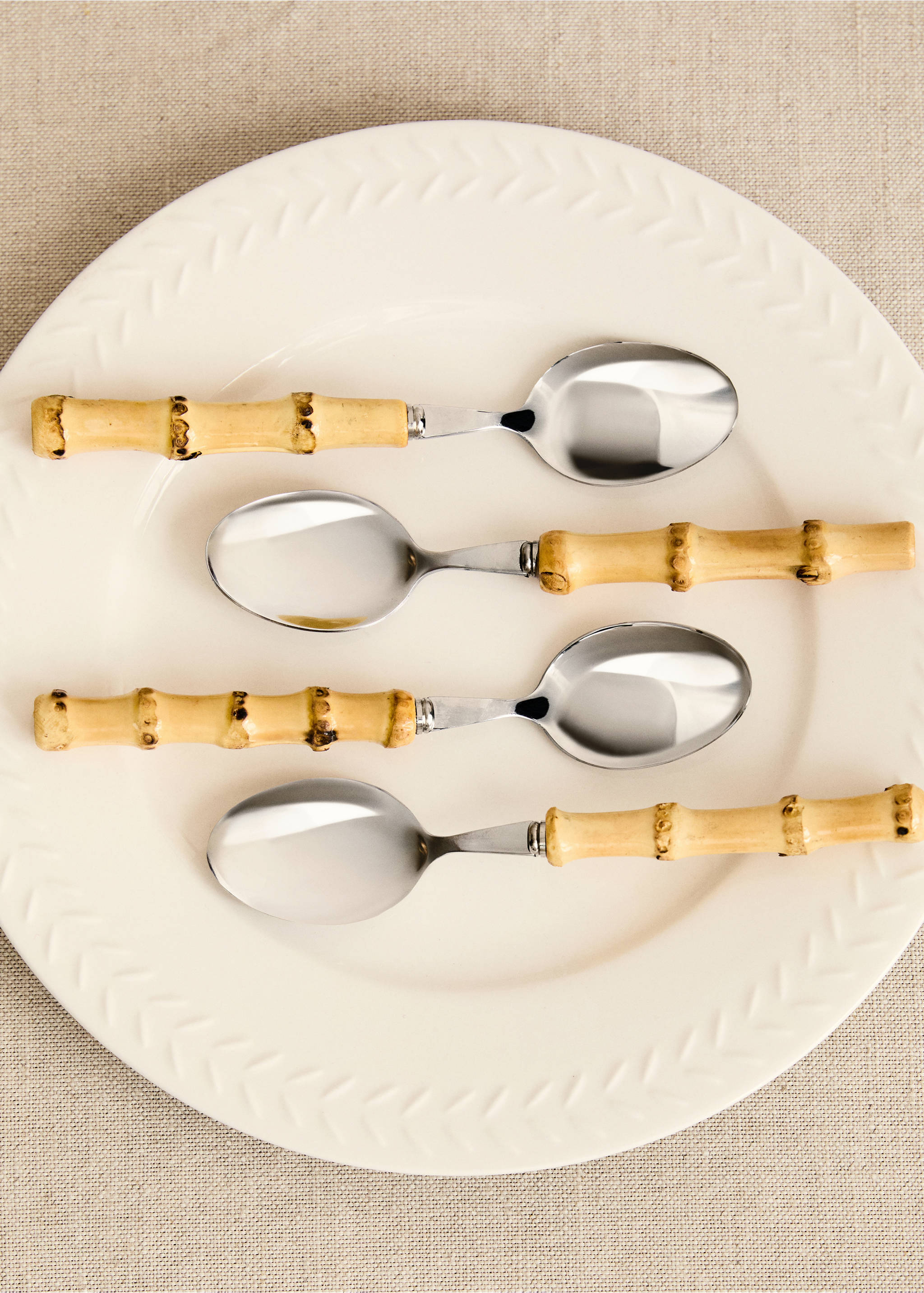 Set of 4 dessert spoons with bamboo handle - Details of the article 7, Brown. Ref: 87023292-00.